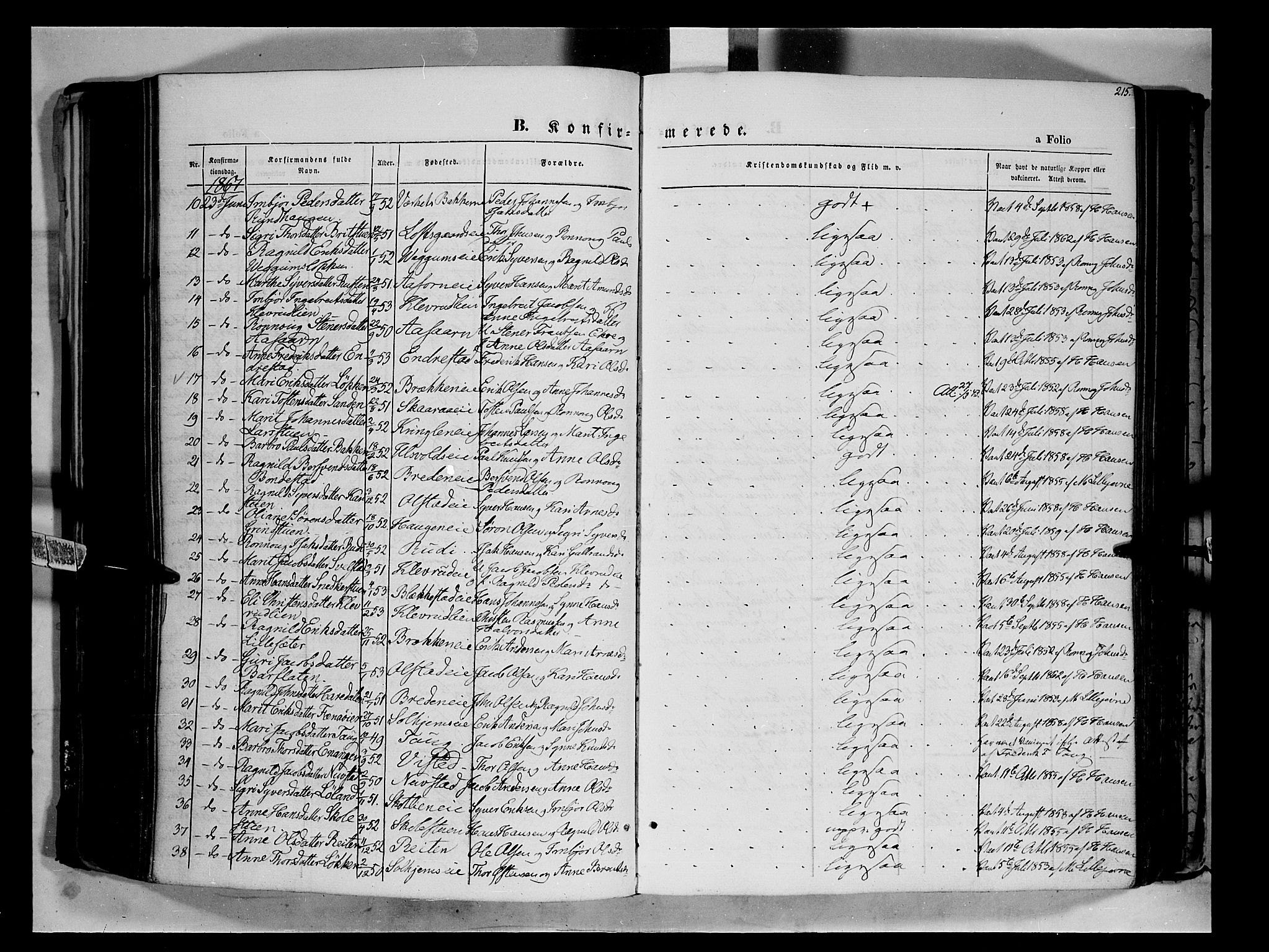 Vågå prestekontor, SAH/PREST-076/H/Ha/Haa/L0006: Parish register (official) no. 6 /1, 1856-1872, p. 215