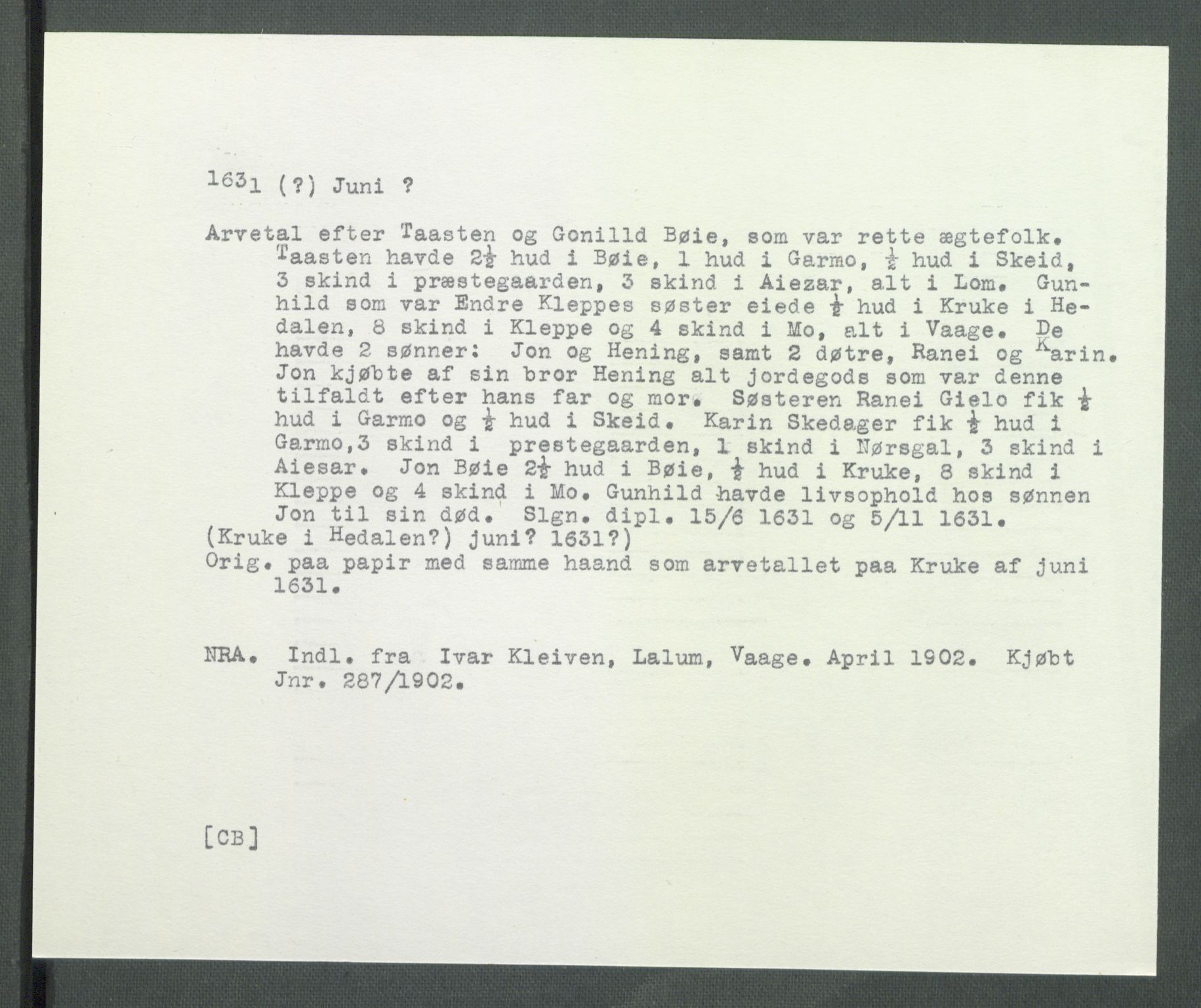 Riksarkivets diplomsamling, AV/RA-EA-5965/F02/L0140: Dokumenter, 1631, p. 101