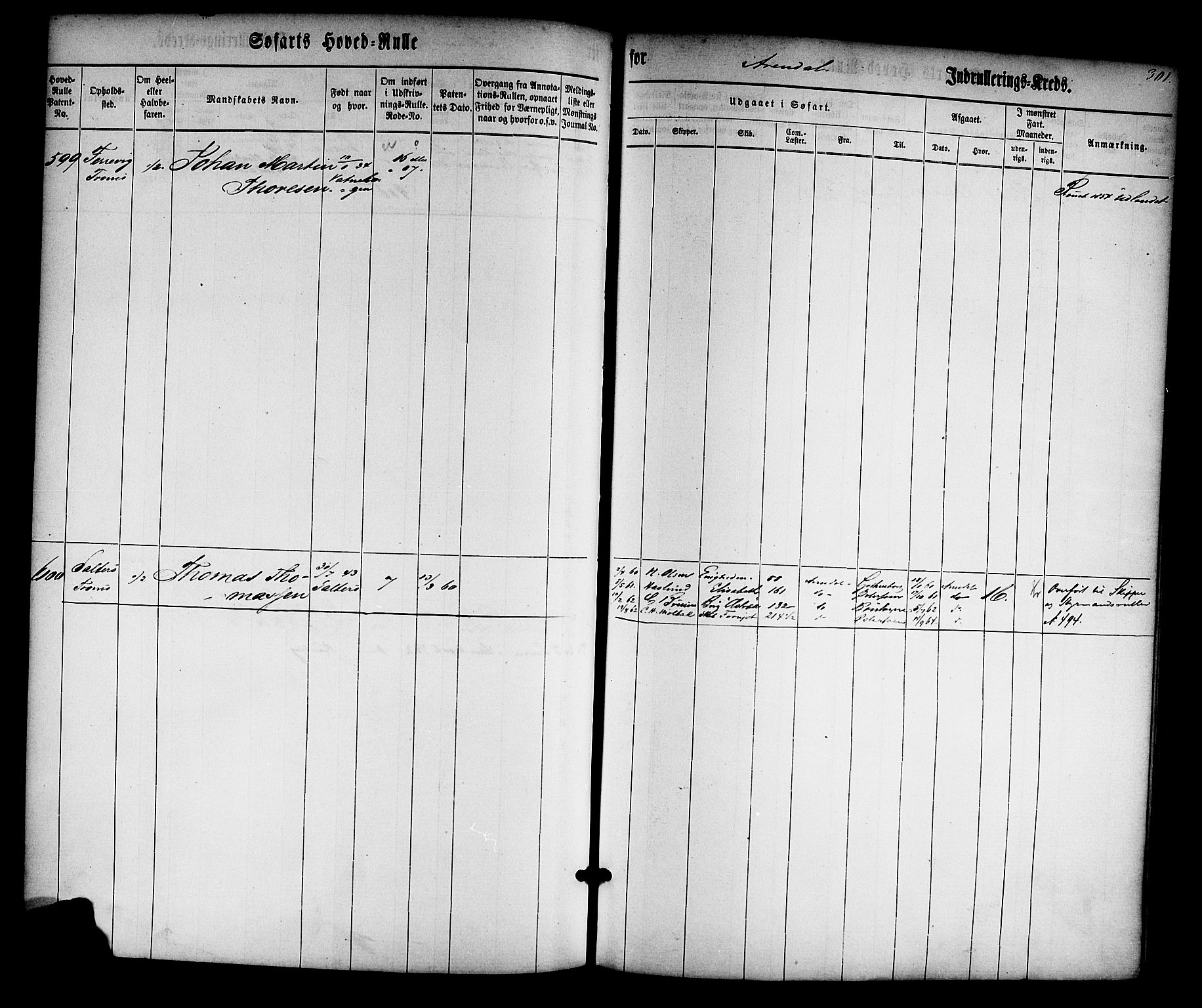 Arendal mønstringskrets, SAK/2031-0012/F/Fb/L0008: Hovedrulle nr 1-766, S-6, 1860-1865, p. 307