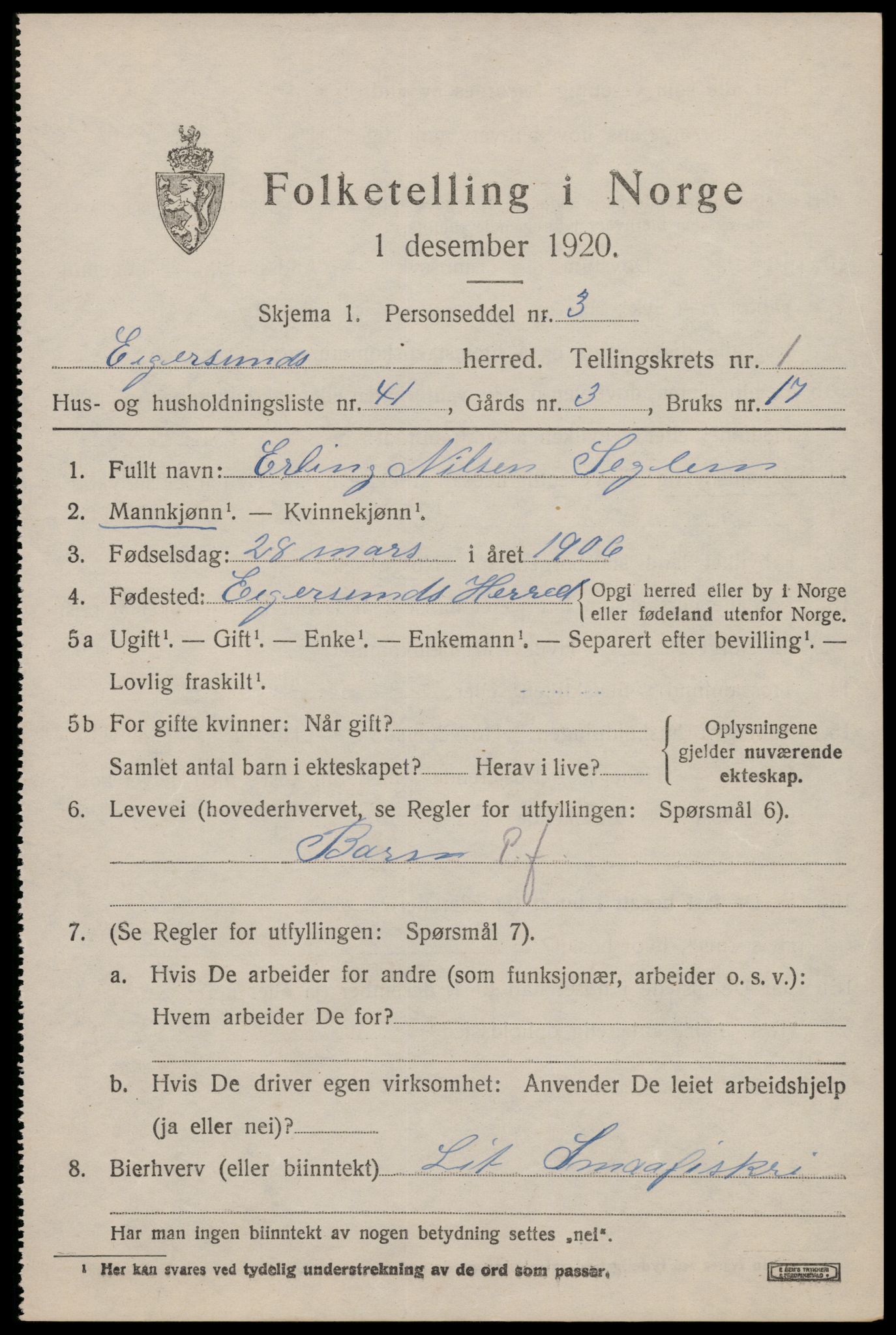 SAST, 1920 census for Eigersund, 1920, p. 1619