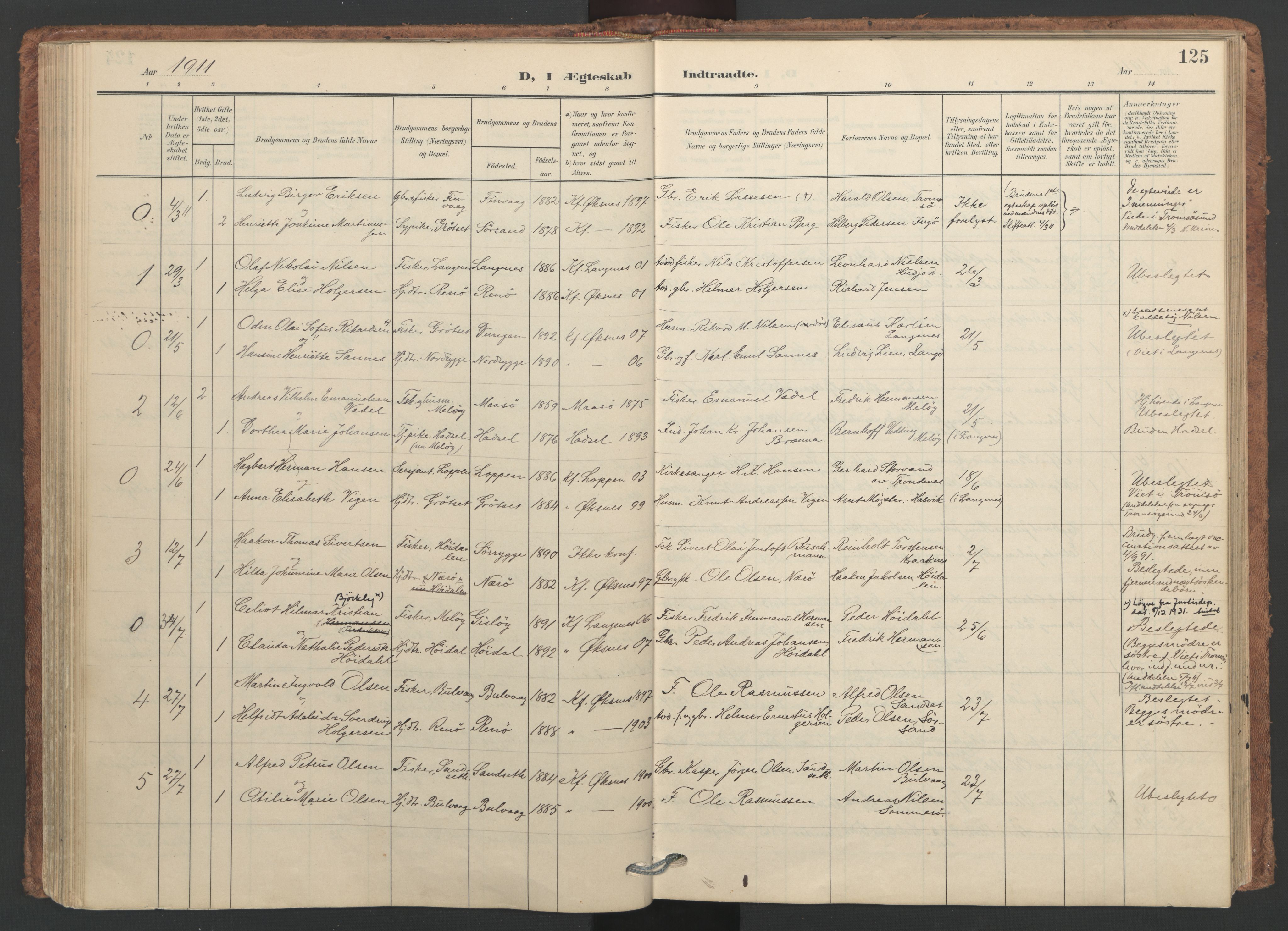 Ministerialprotokoller, klokkerbøker og fødselsregistre - Nordland, SAT/A-1459/893/L1339: Parish register (official) no. 893A11, 1904-1914, p. 125