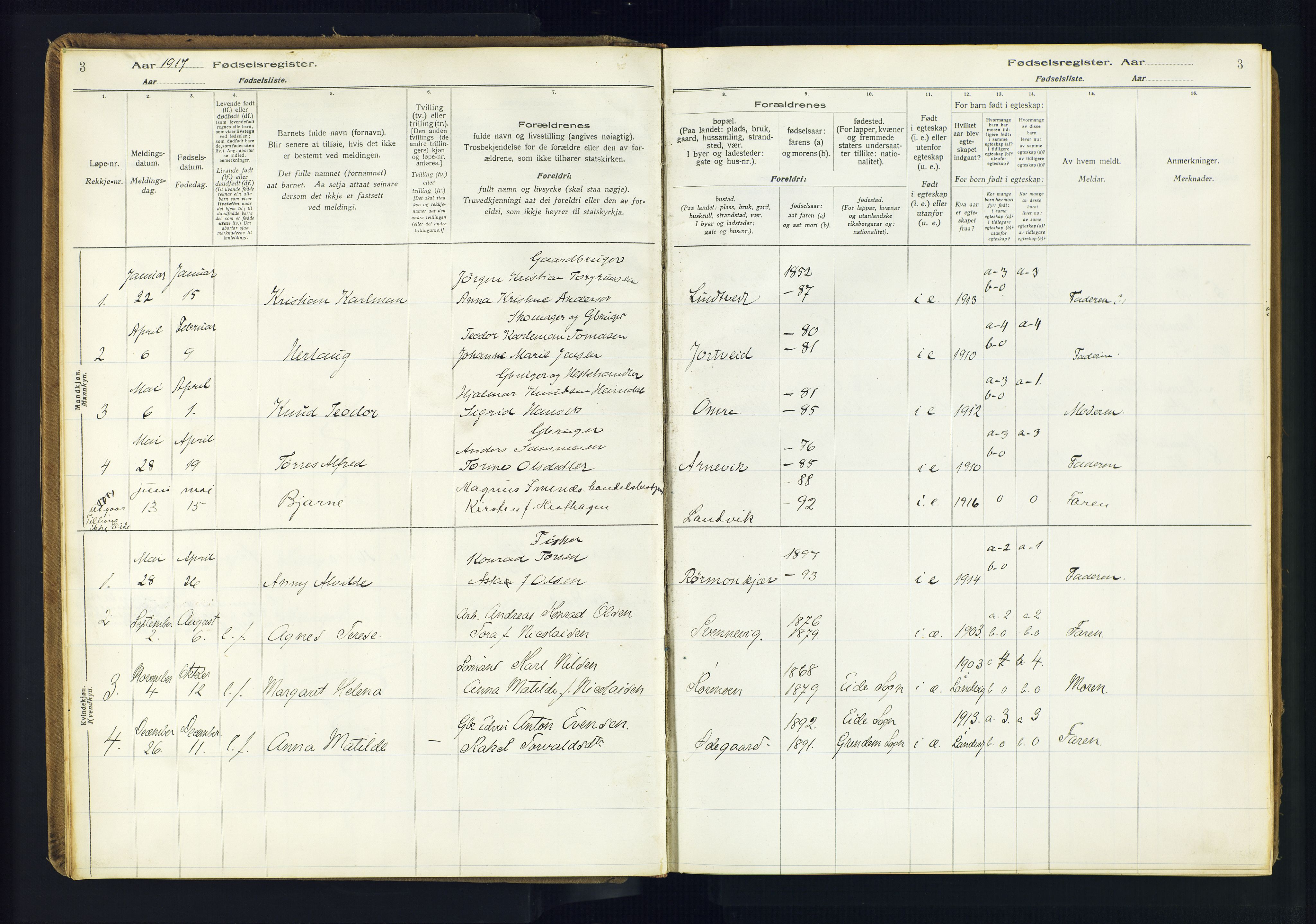 Hommedal sokneprestkontor, AV/SAK-1111-0023/J/Jd/L0003: Birth register no. 3, 1916-1982, p. 3