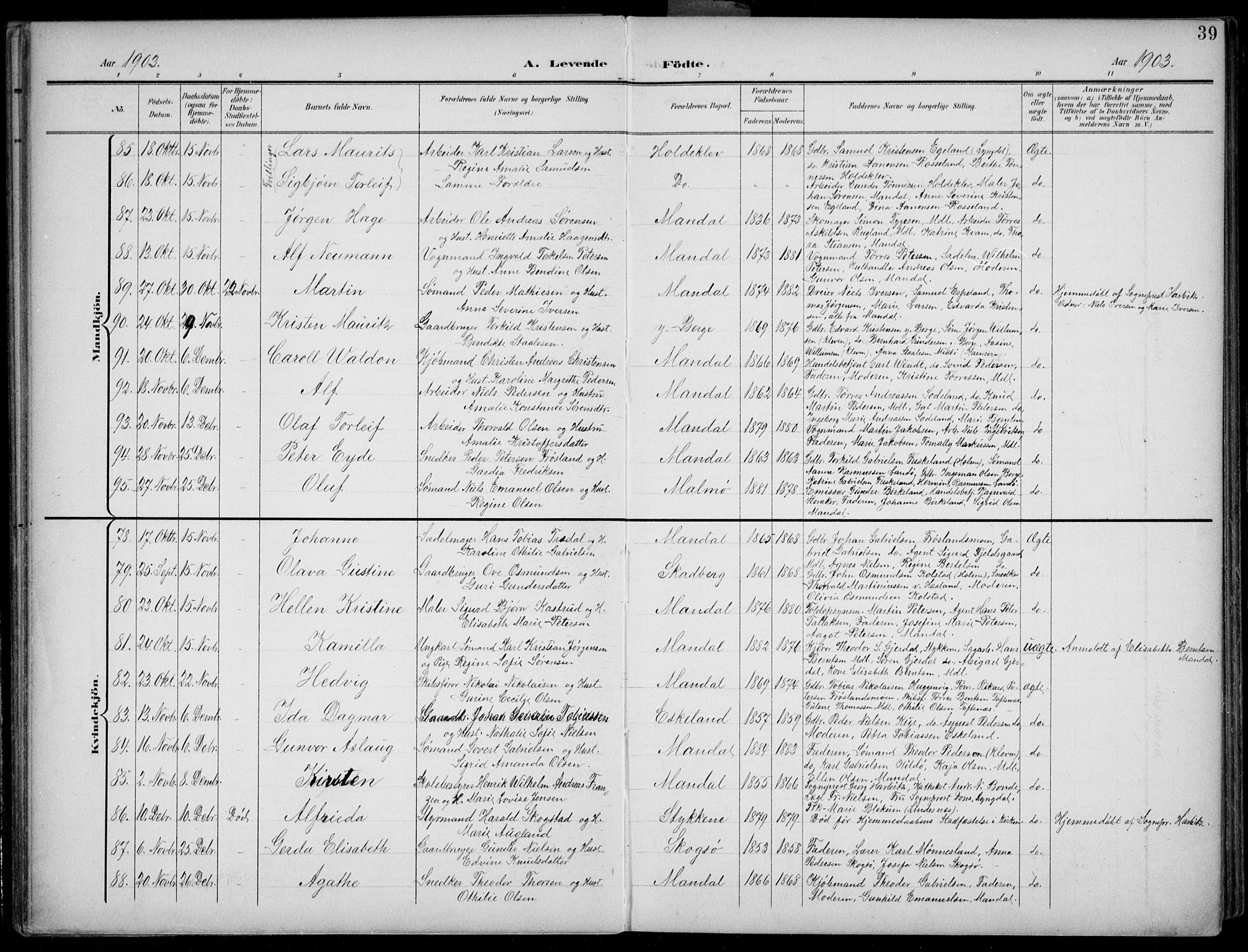 Mandal sokneprestkontor, AV/SAK-1111-0030/F/Fb/Fba/L0012: Parish register (copy) no. B 6, 1899-1918, p. 39