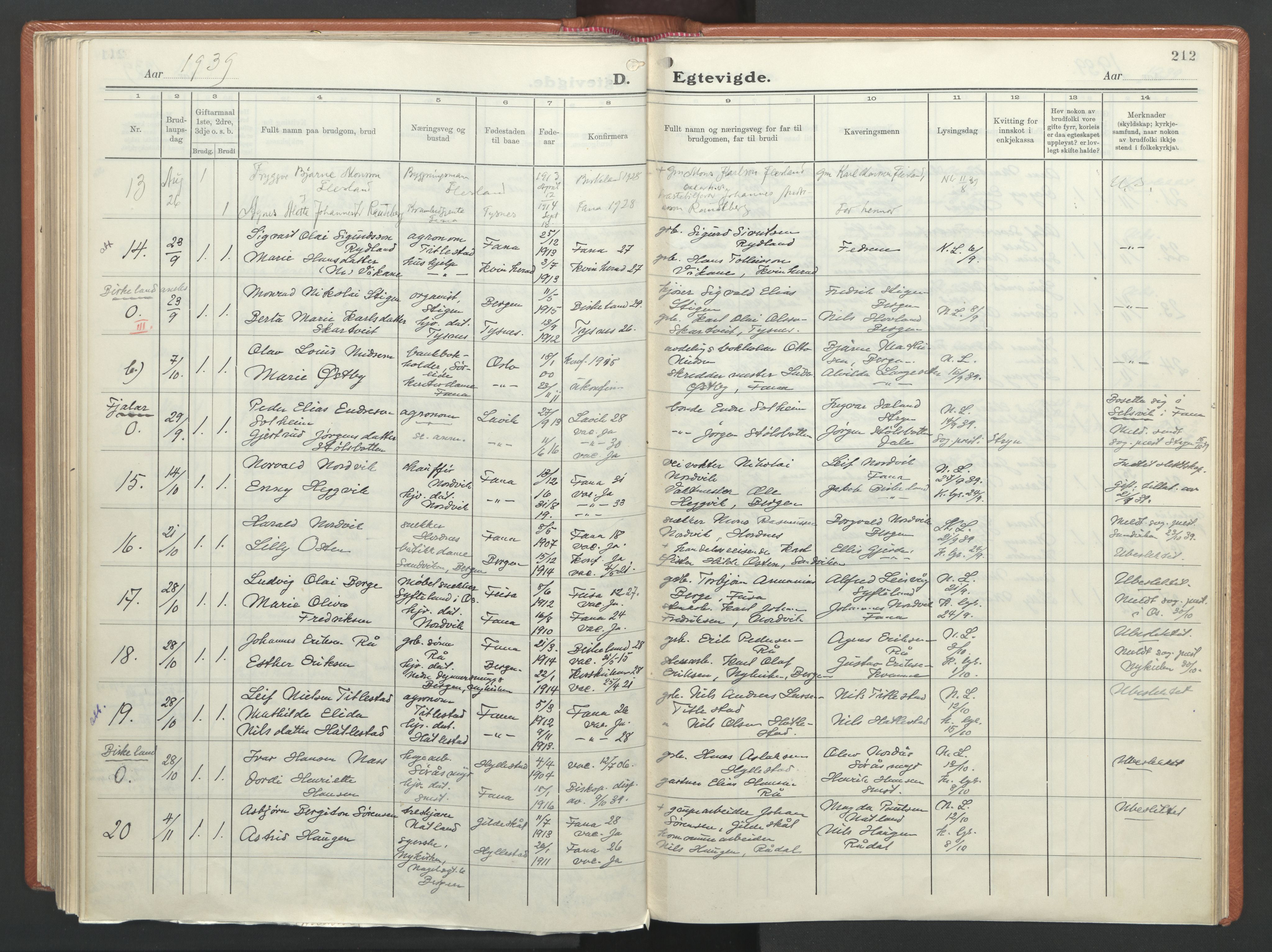 Fana Sokneprestembete, AV/SAB-A-75101/H/Haa/Haab/L0007: Parish register (official) no. B 7, 1934-1947, p. 212