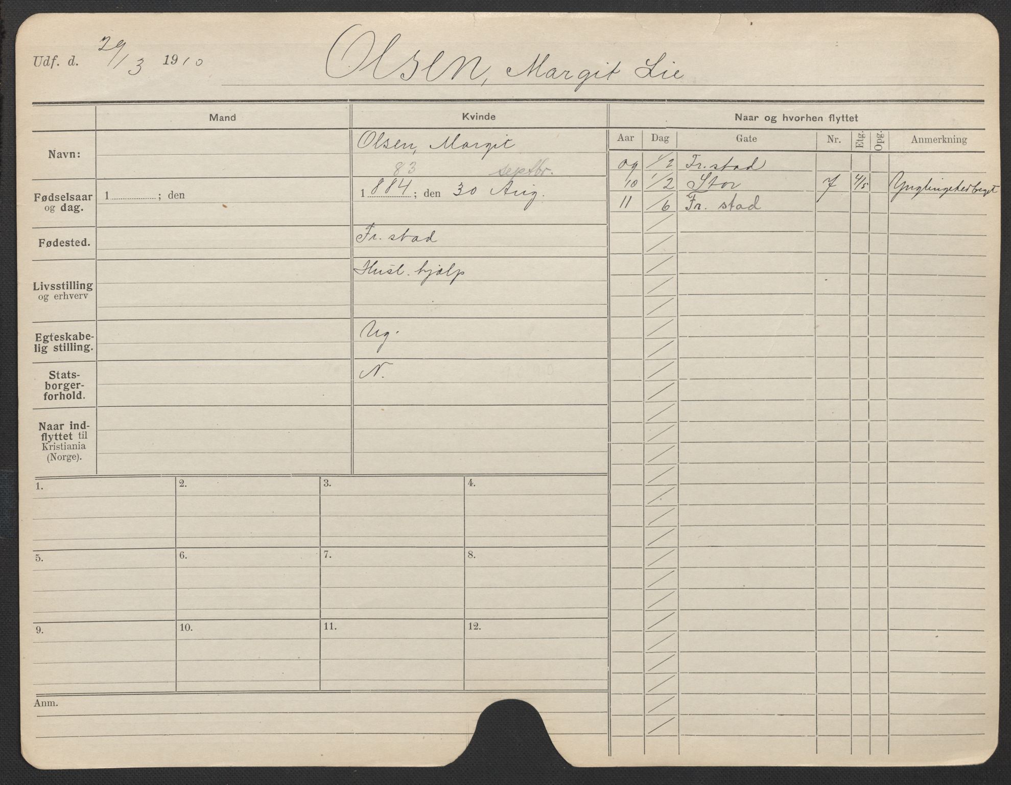 Oslo folkeregister, Registerkort, SAO/A-11715/F/Fa/Fac/L0022: Kvinner, 1906-1914, p. 126a