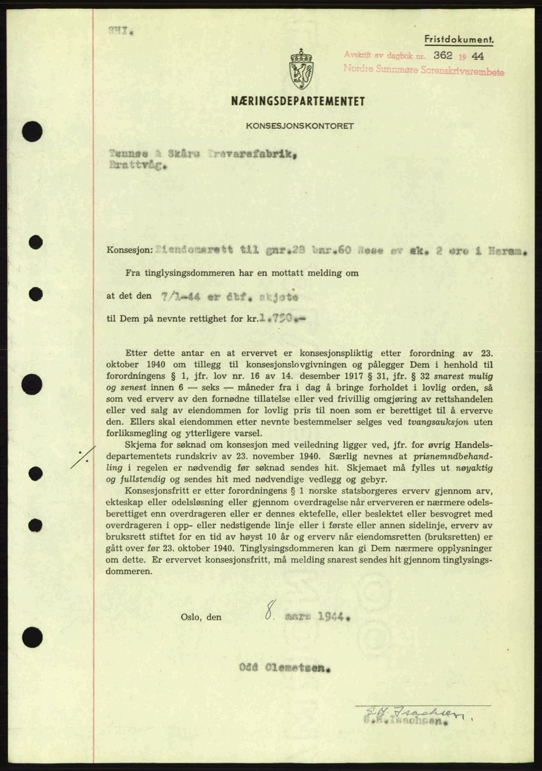 Nordre Sunnmøre sorenskriveri, SAT/A-0006/1/2/2C/2Ca: Mortgage book no. B6-14 a, 1942-1945, Diary no: : 362/1944