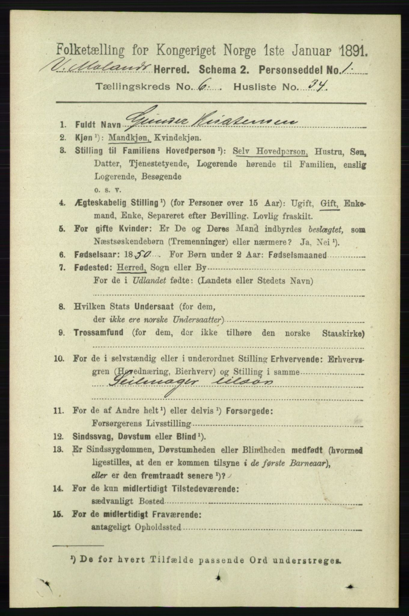 RA, 1891 census for 0926 Vestre Moland, 1891, p. 2514