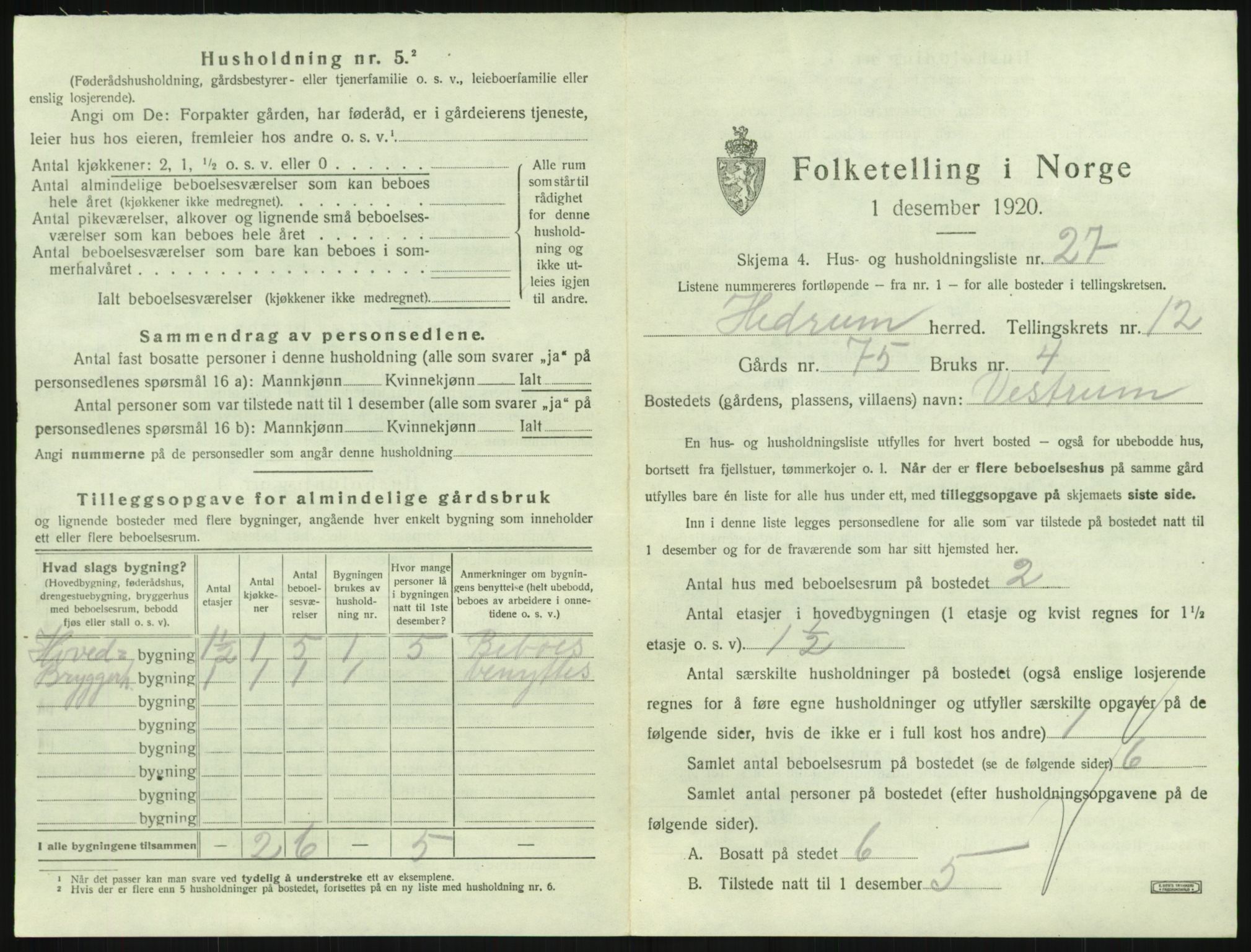 SAKO, 1920 census for Hedrum, 1920, p. 1131