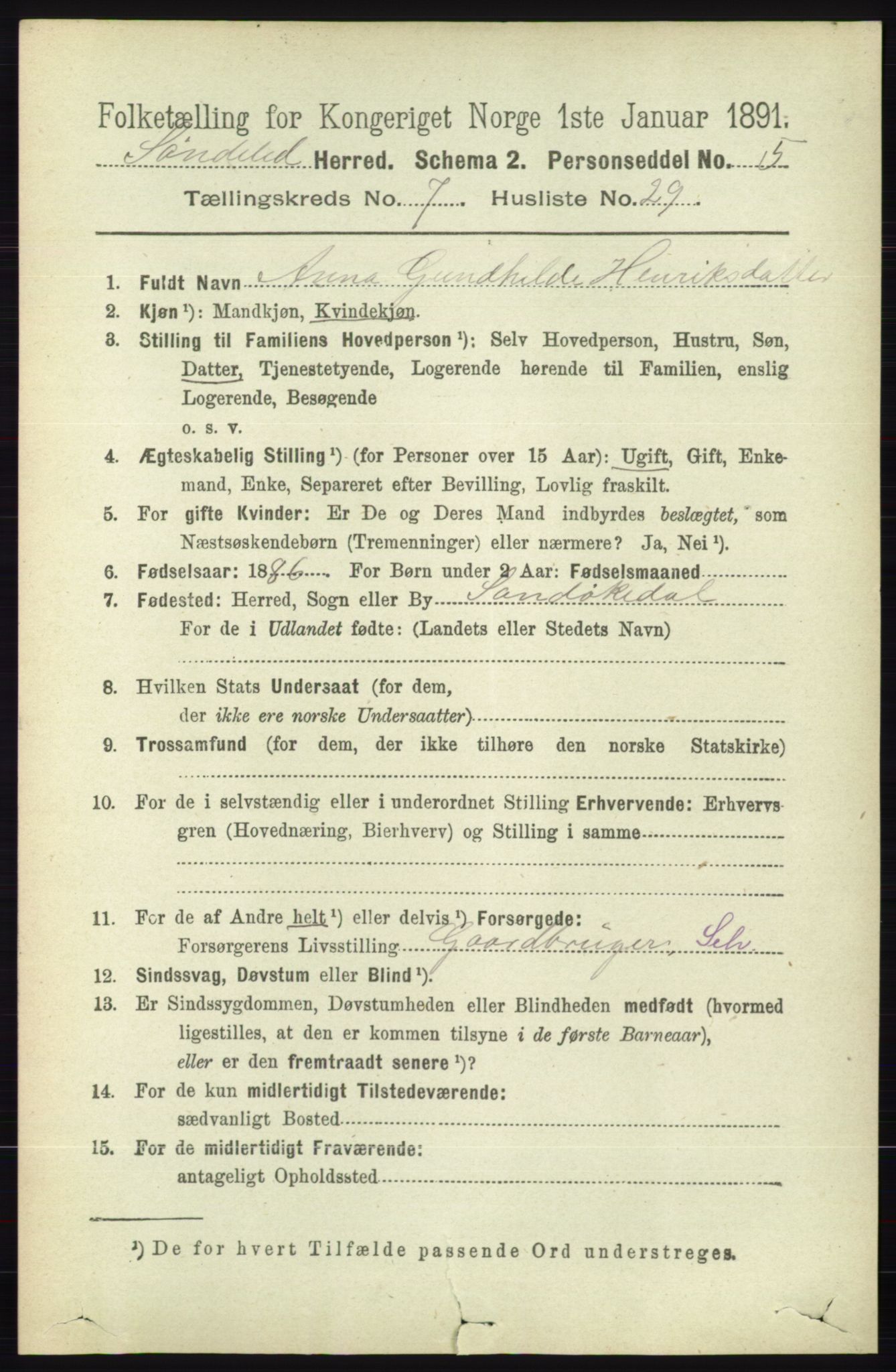 RA, 1891 census for 0913 Søndeled, 1891, p. 2520