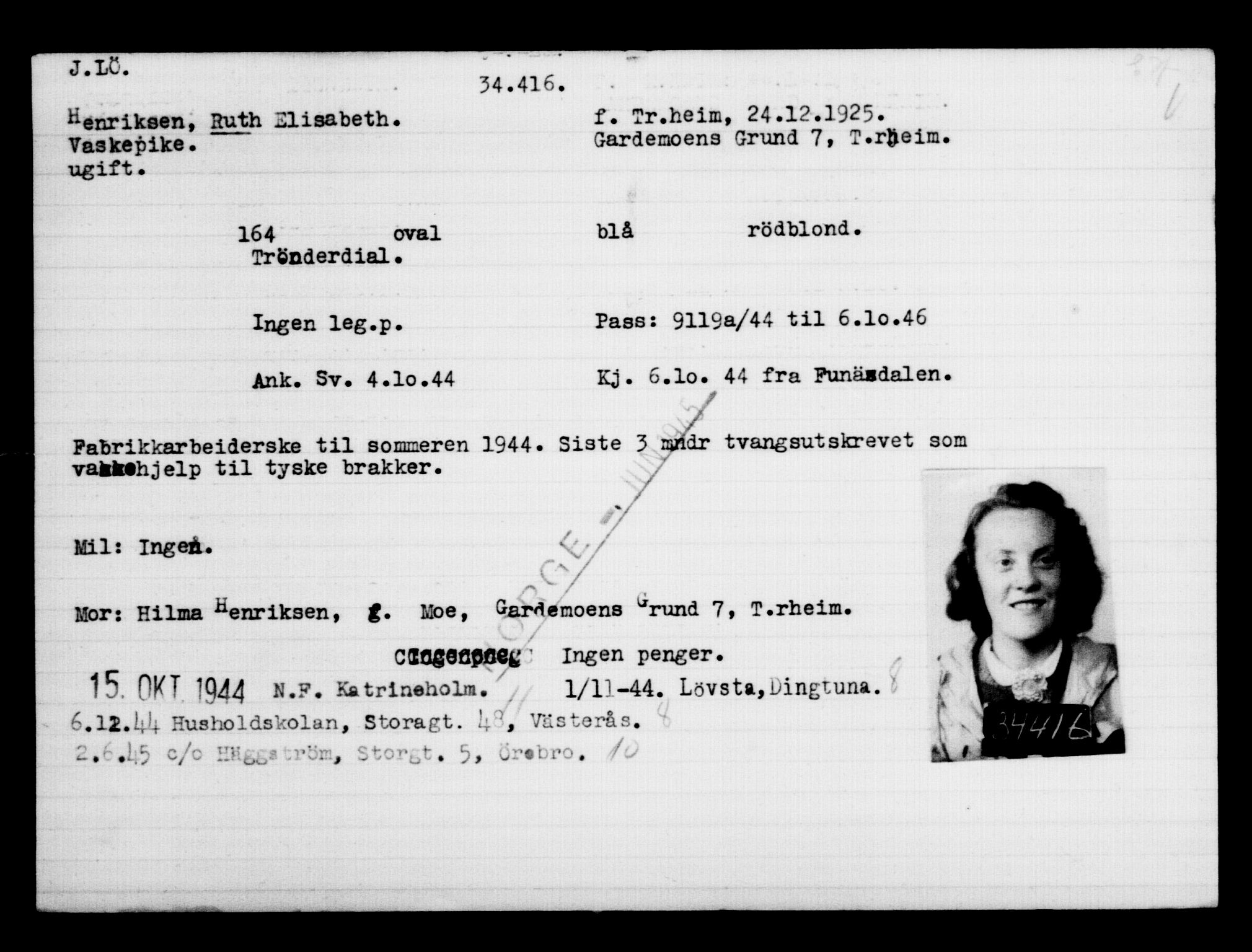 Utenriksstasjonene, Legasjonen i Stockholm, Flyktningkontoret, AV/RA-S-6753/V/Va/L0013: Kjesäterkartoteket, flyktninger med registreringsnr. 31500-34731, 1940-1945, p. 3070