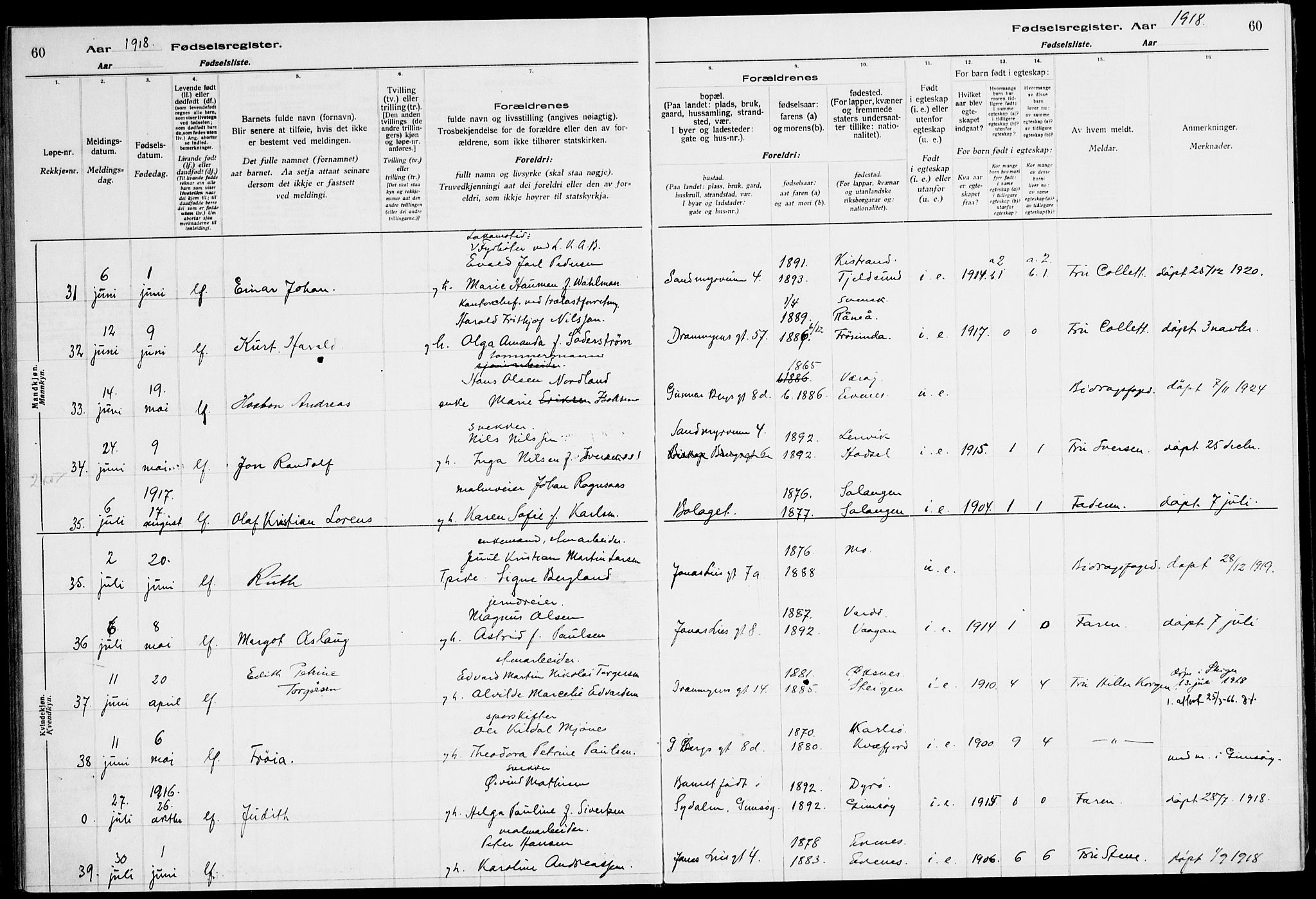 Ministerialprotokoller, klokkerbøker og fødselsregistre - Nordland, SAT/A-1459/871/L1013: Birth register no. 871.II.4.1, 1916-1924, p. 60