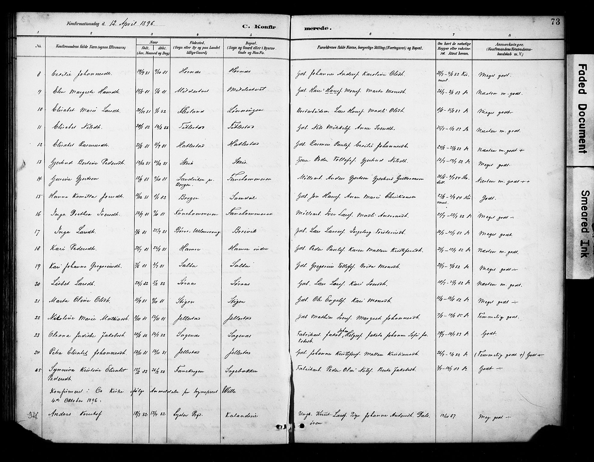 Fana Sokneprestembete, AV/SAB-A-75101/H/Haa/Haab/L0002: Parish register (official) no. B 2, 1890-1897, p. 73