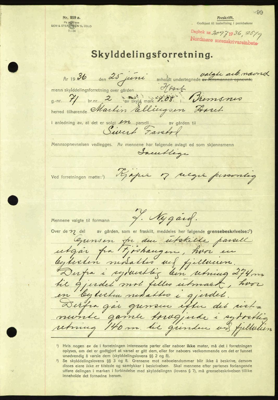 Nordmøre sorenskriveri, AV/SAT-A-4132/1/2/2Ca: Mortgage book no. A80, 1936-1937, Diary no: : 2097/1936