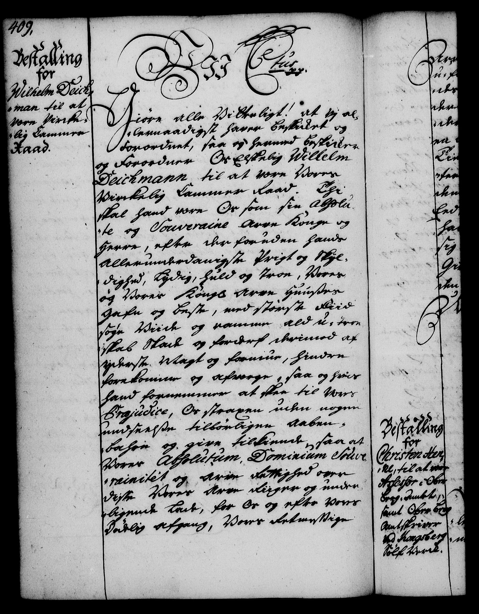 Rentekammeret, Kammerkanselliet, RA/EA-3111/G/Gg/Gge/L0002: Norsk bestallingsprotokoll med register (merket RK 53.26), 1730-1744, p. 409