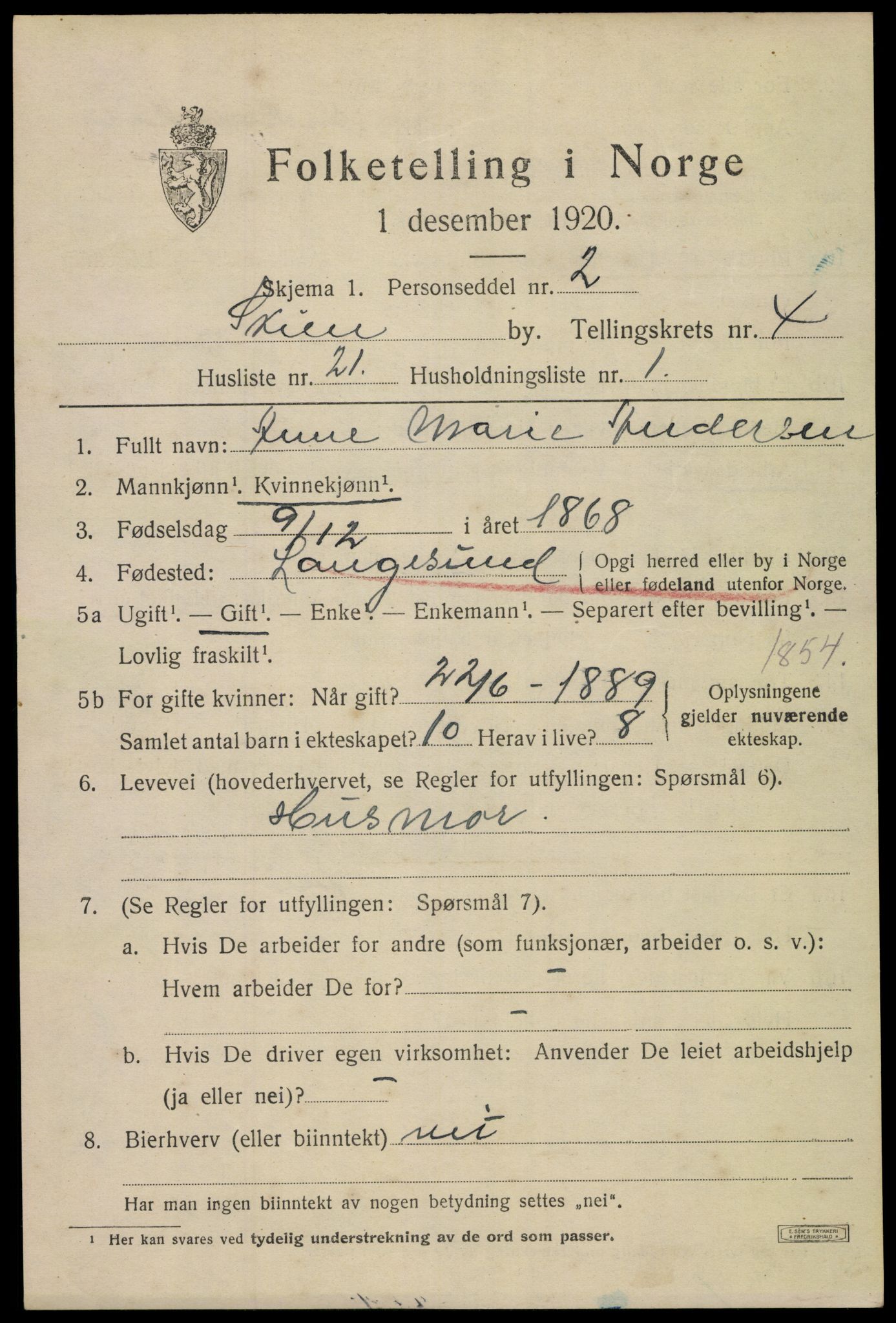 SAKO, 1920 census for Skien, 1920, p. 16944