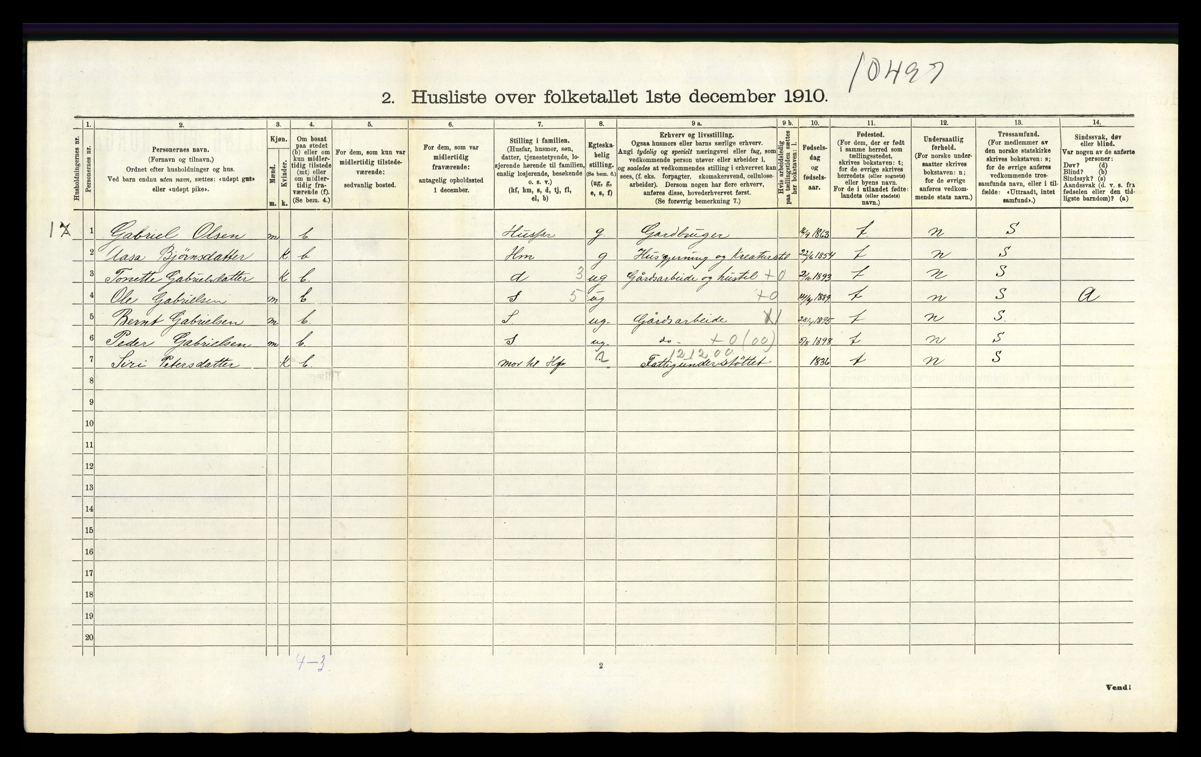 RA, 1910 census for Tonstad, 1910, p. 213