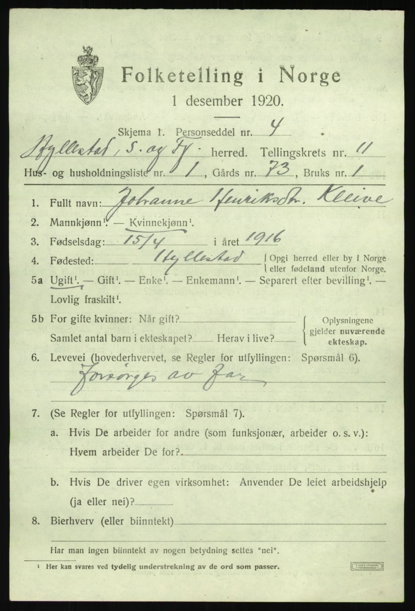 SAB, 1920 census for Hyllestad, 1920, p. 4098