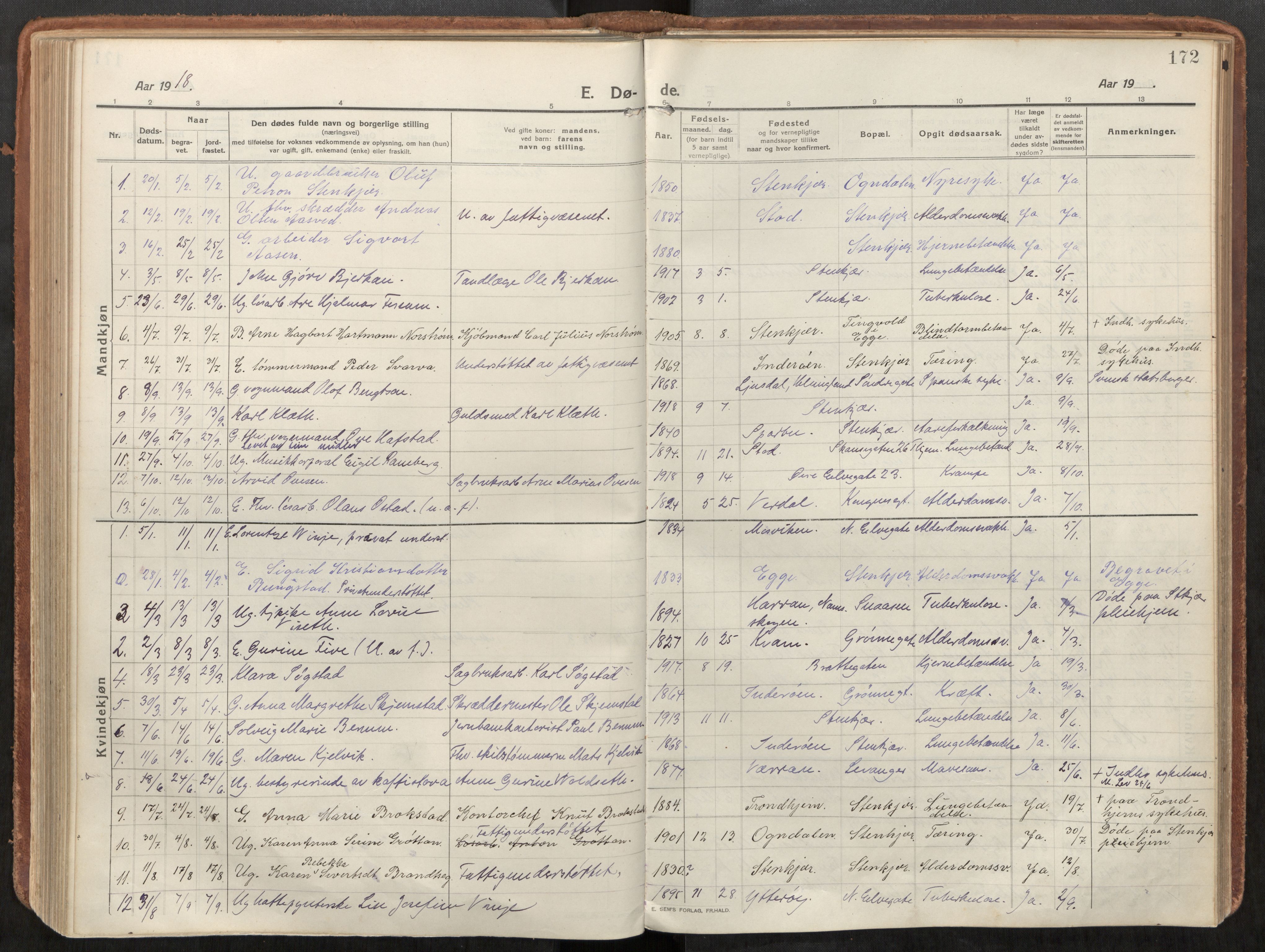 Steinkjer sokneprestkontor, SAT/A-1541/01/H/Ha/Haa/L0003: Parish register (official) no. 3, 1913-1922, p. 172