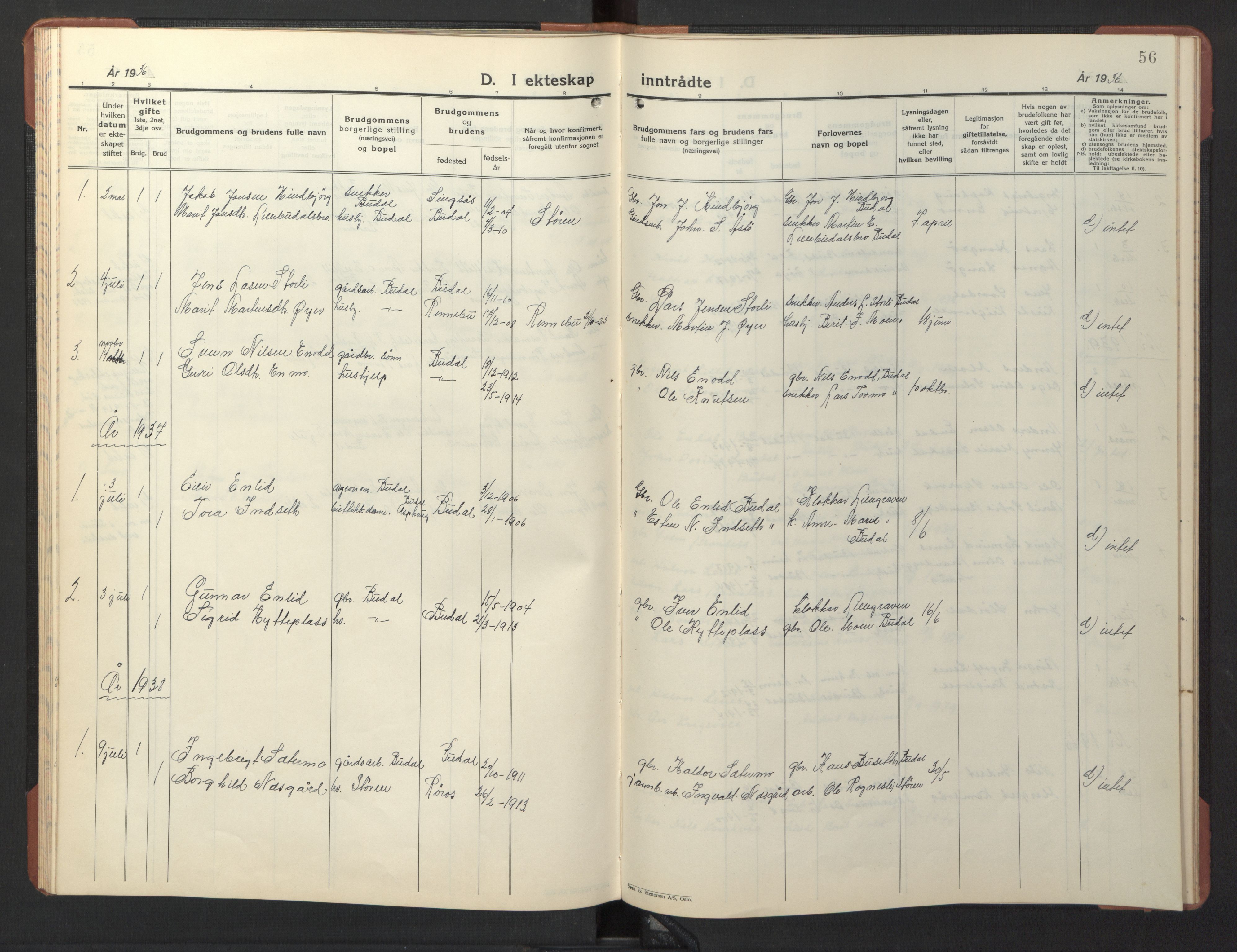 Ministerialprotokoller, klokkerbøker og fødselsregistre - Sør-Trøndelag, SAT/A-1456/690/L1053: Parish register (copy) no. 690C03, 1930-1947, p. 56