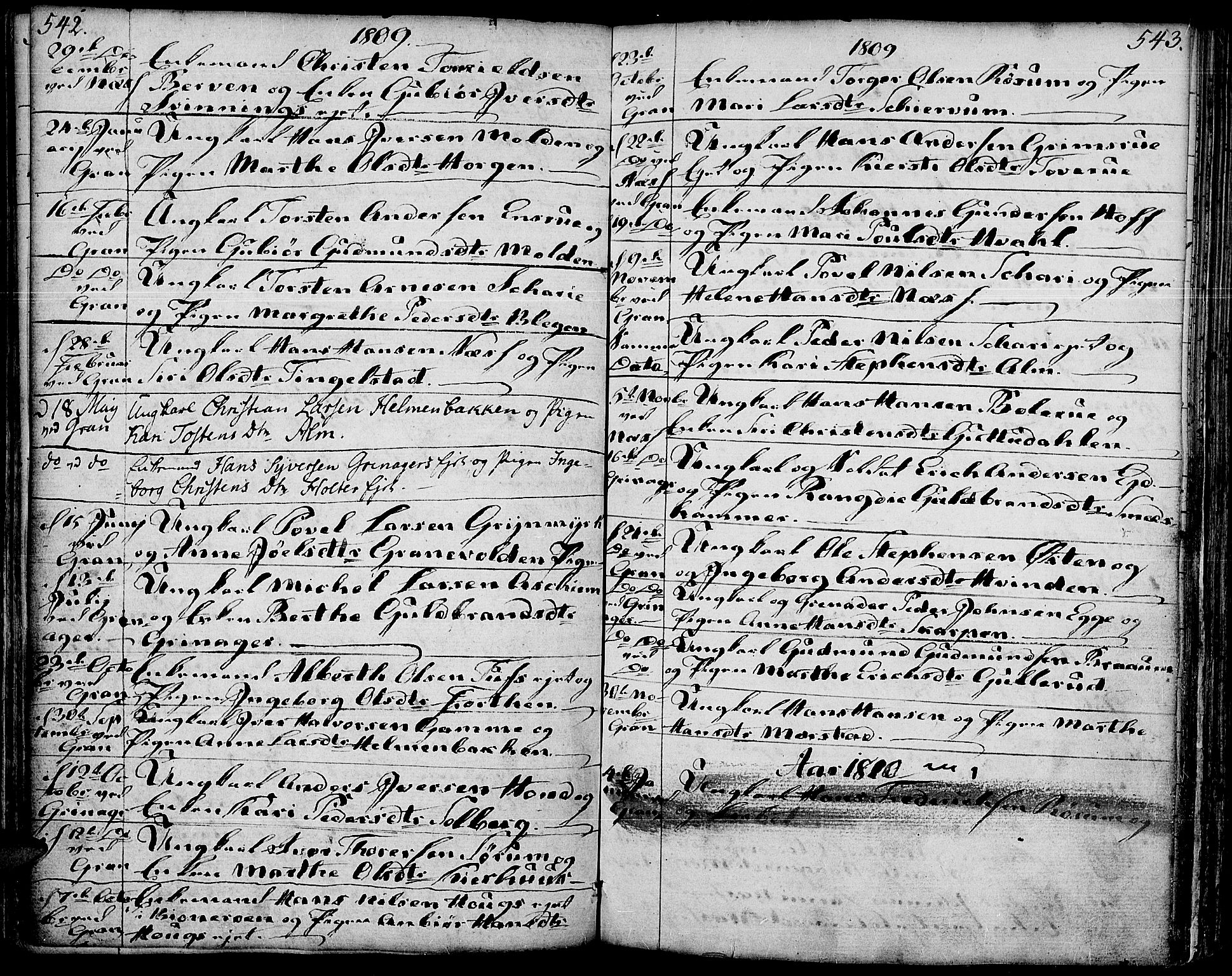 Gran prestekontor, SAH/PREST-112/H/Ha/Haa/L0006: Parish register (official) no. 6, 1787-1824, p. 542-543