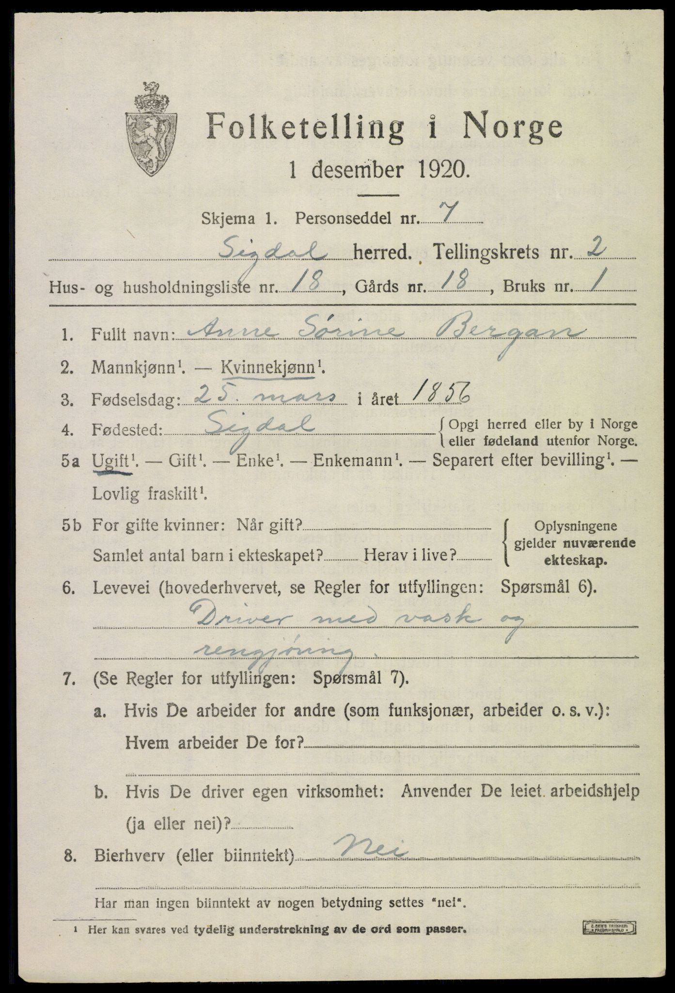 SAKO, 1920 census for Sigdal, 1920, p. 2224