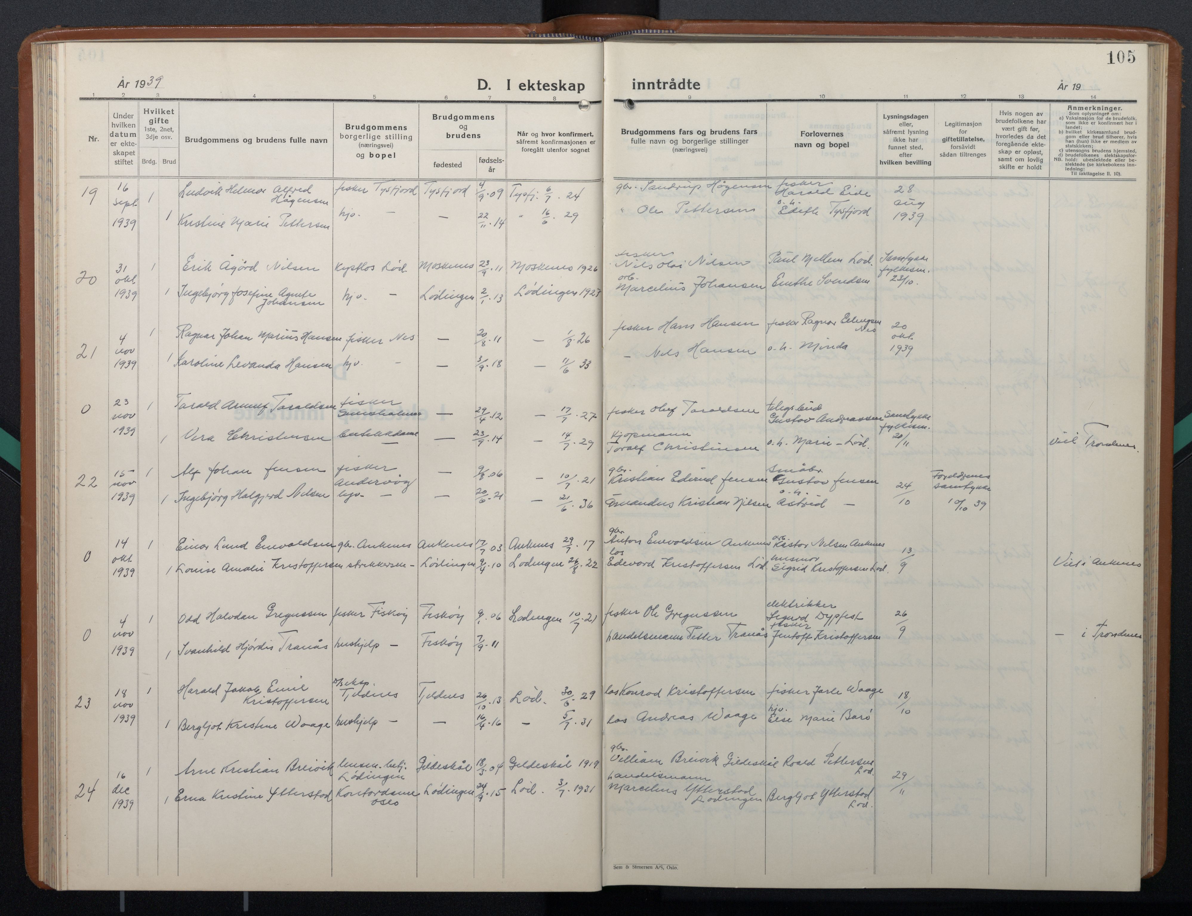 Ministerialprotokoller, klokkerbøker og fødselsregistre - Nordland, SAT/A-1459/872/L1051: Parish register (copy) no. 872C07, 1939-1947, p. 105