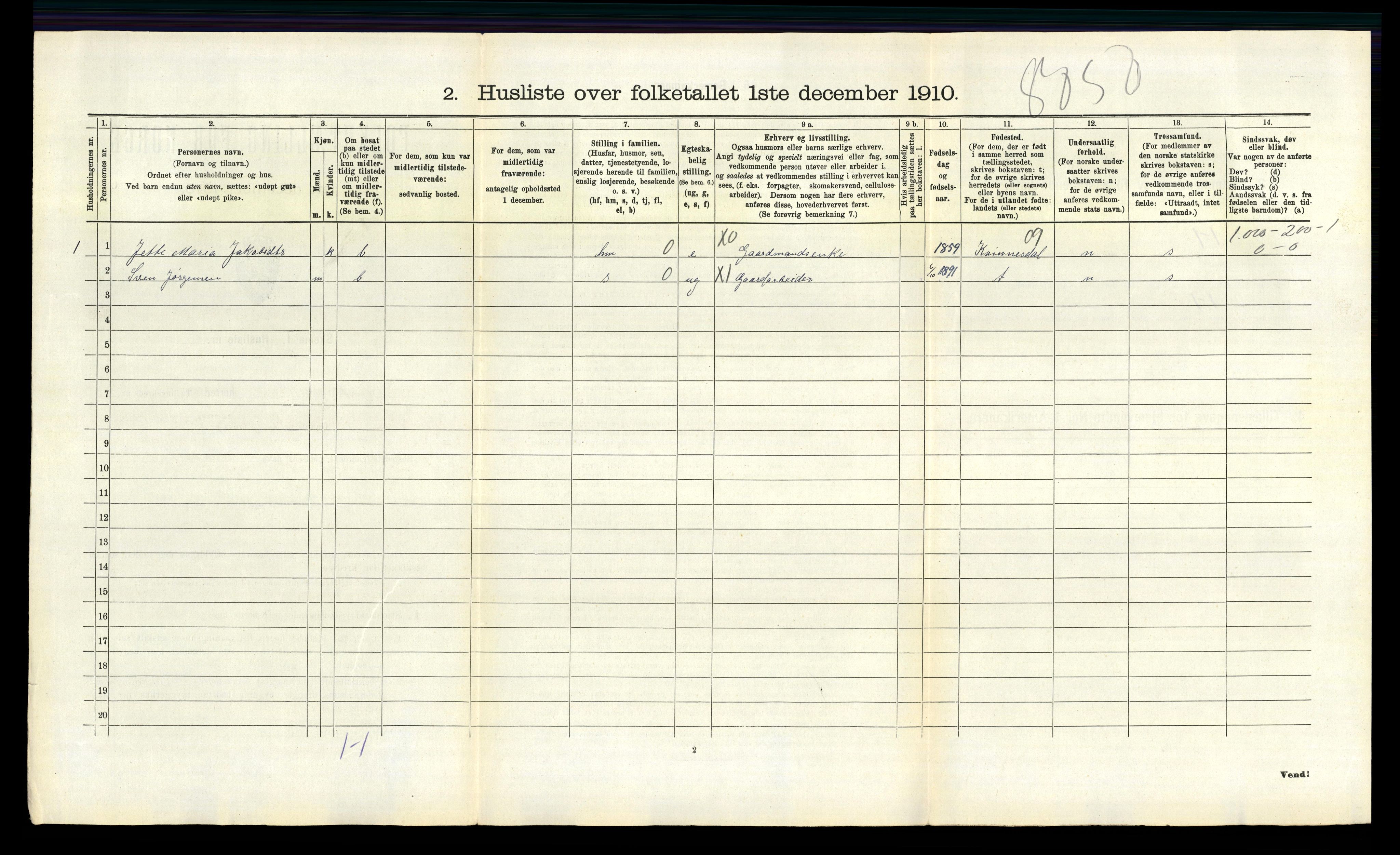 RA, 1910 census for Fjotland, 1910, p. 203