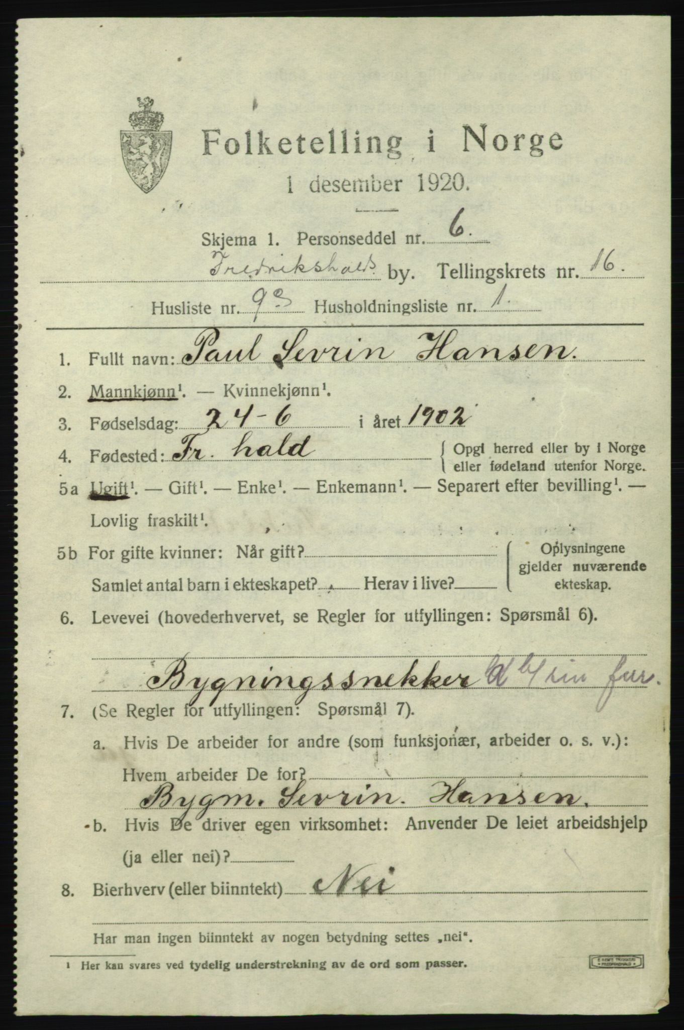 SAO, 1920 census for Fredrikshald, 1920, p. 25139