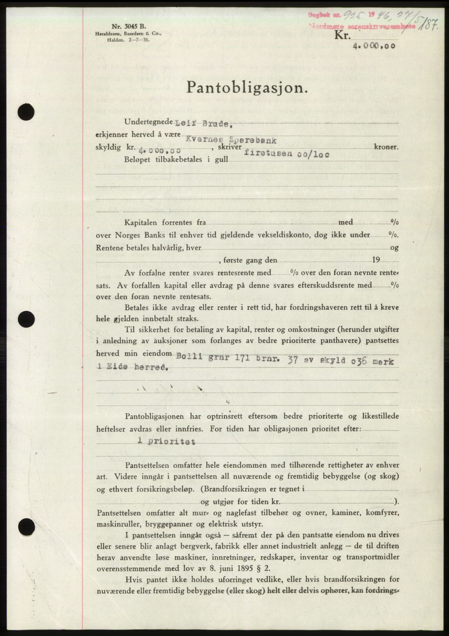 Nordmøre sorenskriveri, AV/SAT-A-4132/1/2/2Ca: Mortgage book no. B94, 1946-1946, Diary no: : 925/1946