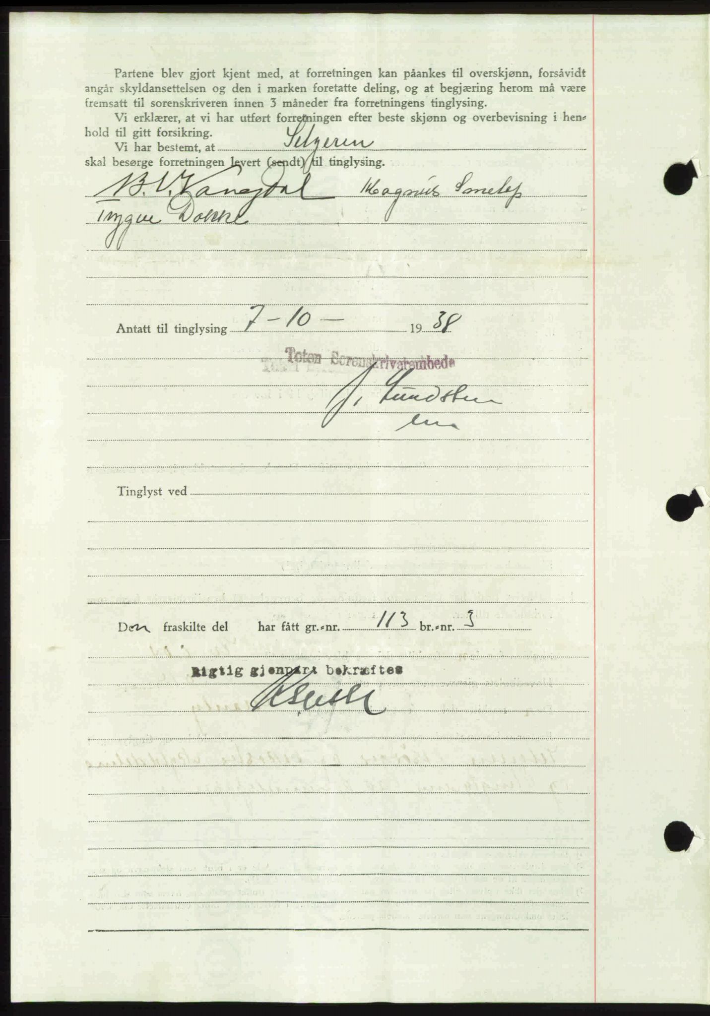 Toten tingrett, SAH/TING-006/H/Hb/Hbc/L0004: Mortgage book no. Hbc-04, 1938-1938, Diary no: : 2138/1938