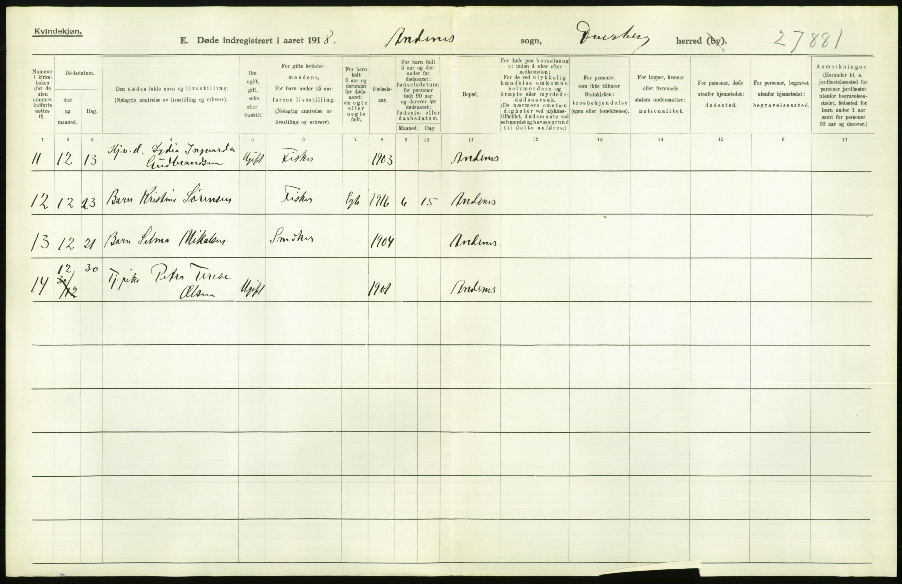 Statistisk sentralbyrå, Sosiodemografiske emner, Befolkning, AV/RA-S-2228/D/Df/Dfb/Dfbh/L0055: Nordland fylke: Døde. Bygder og byer., 1918, p. 692