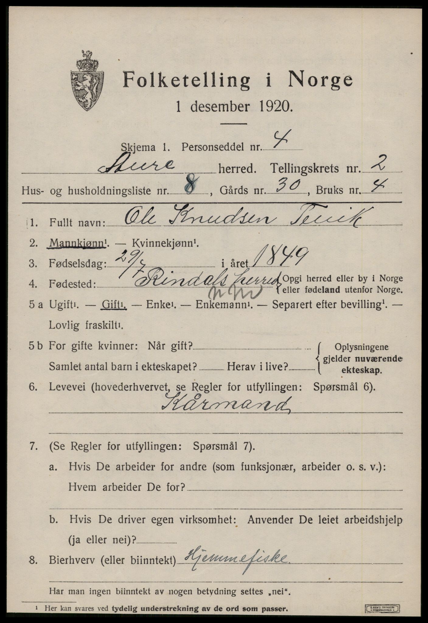 SAT, 1920 census for Aure, 1920, p. 1242