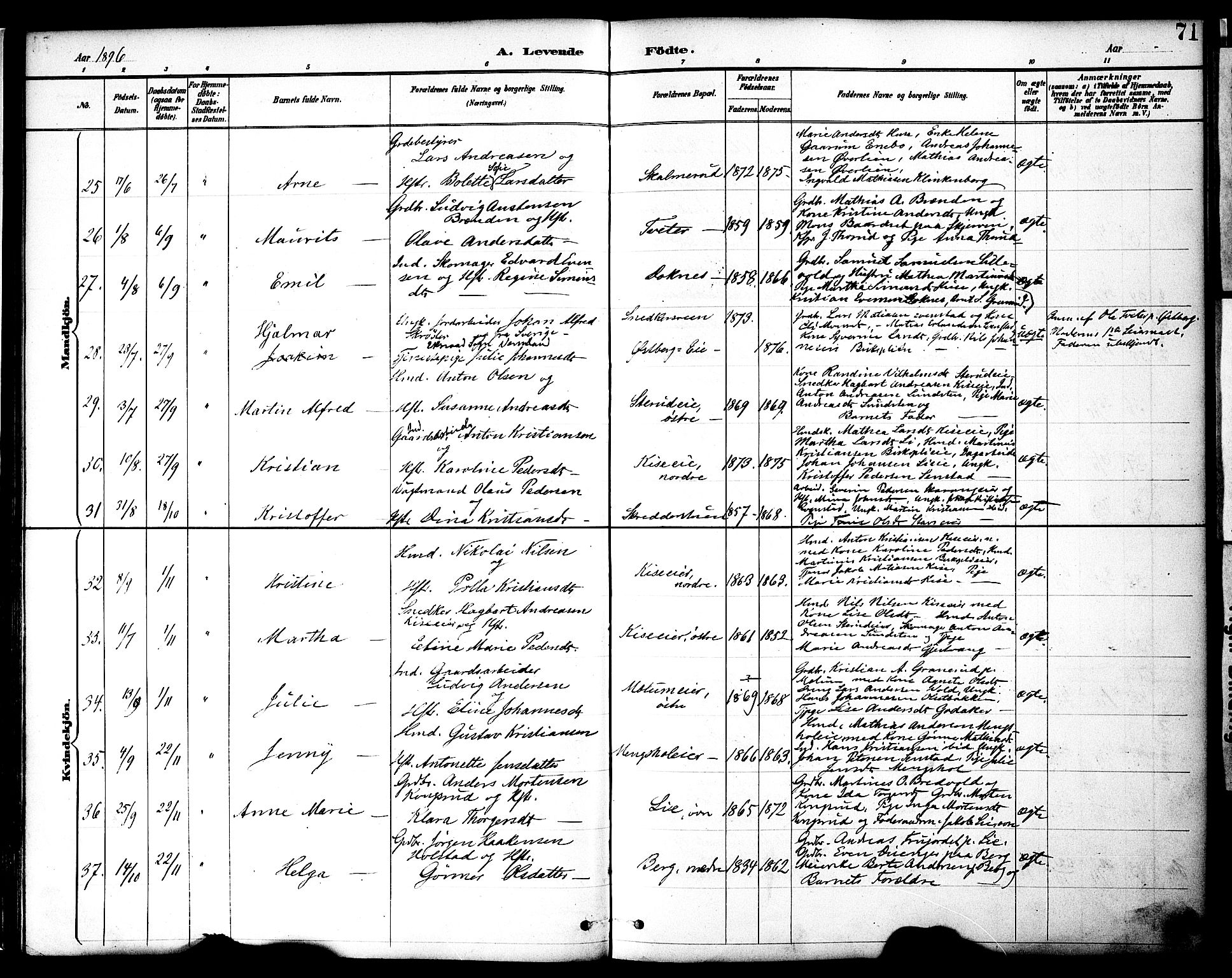 Nes prestekontor, Hedmark, AV/SAH-PREST-020/K/Ka/L0009: Parish register (official) no. 9, 1887-1905, p. 71