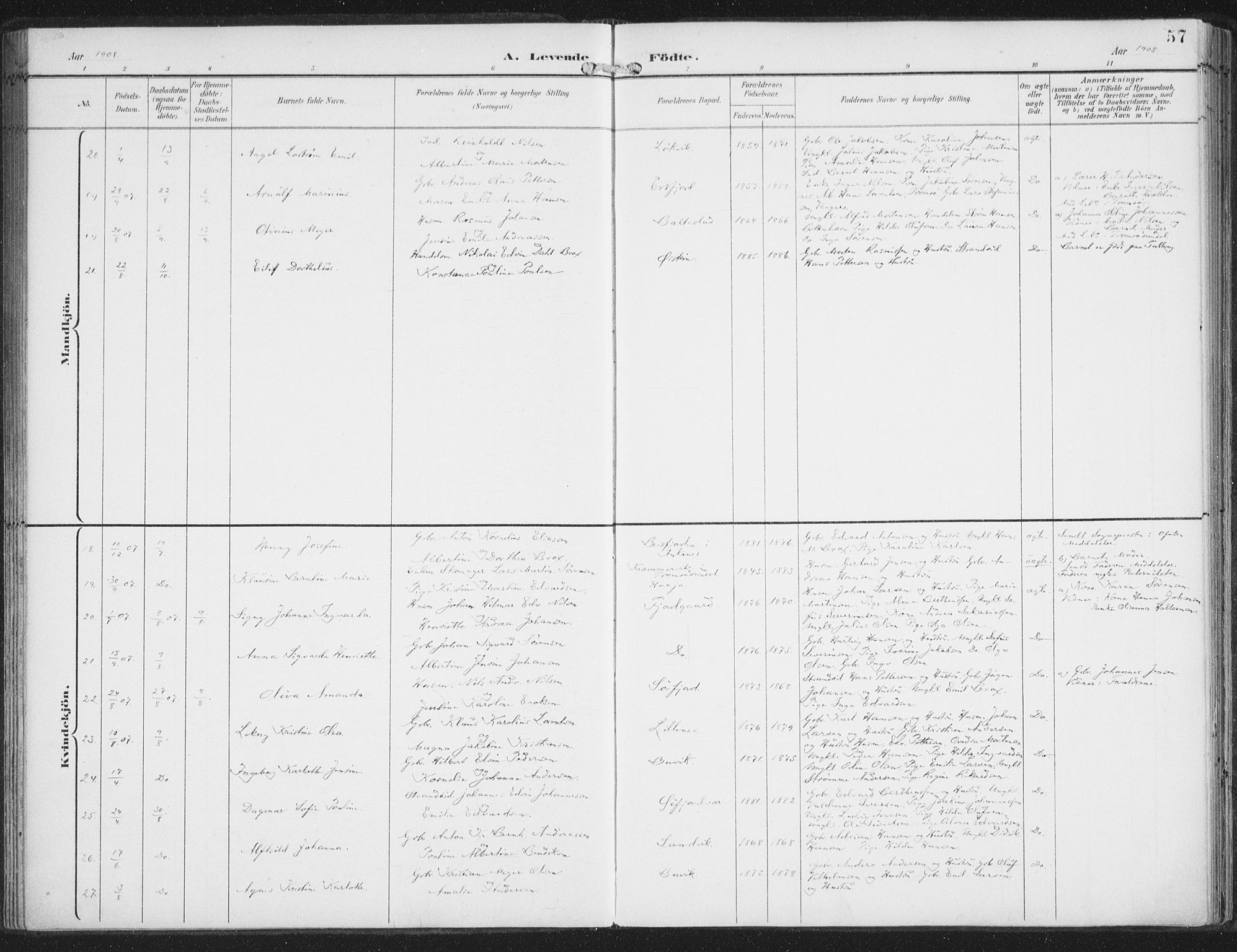 Lenvik sokneprestembete, SATØ/S-1310/H/Ha/Haa/L0015kirke: Parish register (official) no. 15, 1896-1915, p. 57