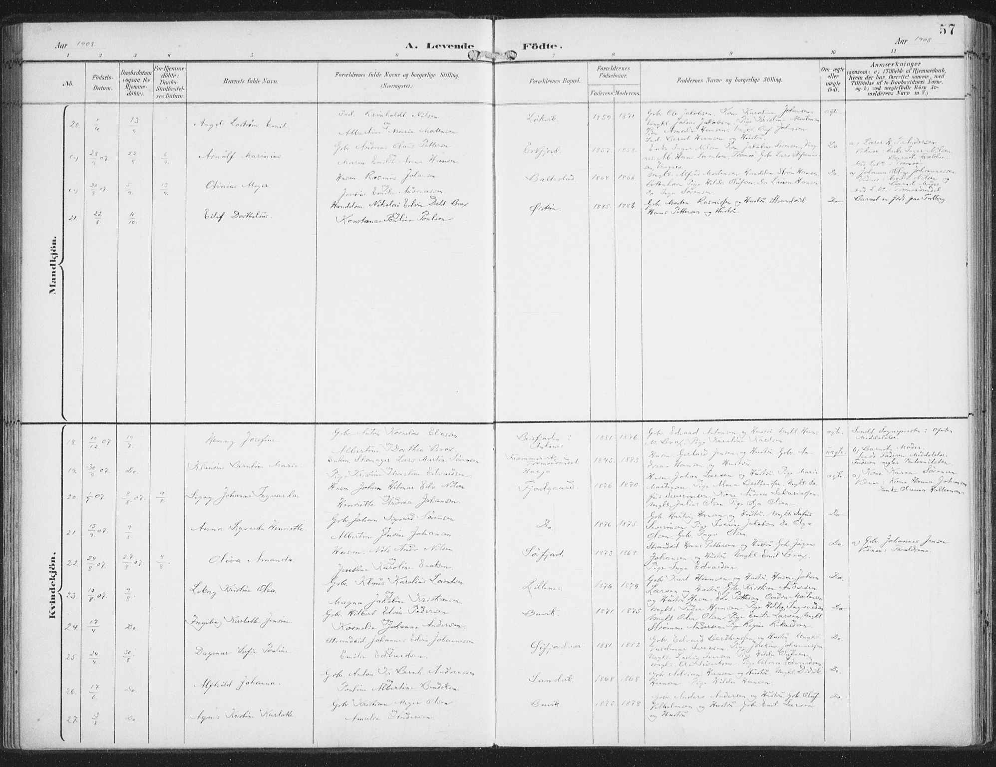 Lenvik sokneprestembete, AV/SATØ-S-1310/H/Ha/Haa/L0015kirke: Parish register (official) no. 15, 1896-1915, p. 57