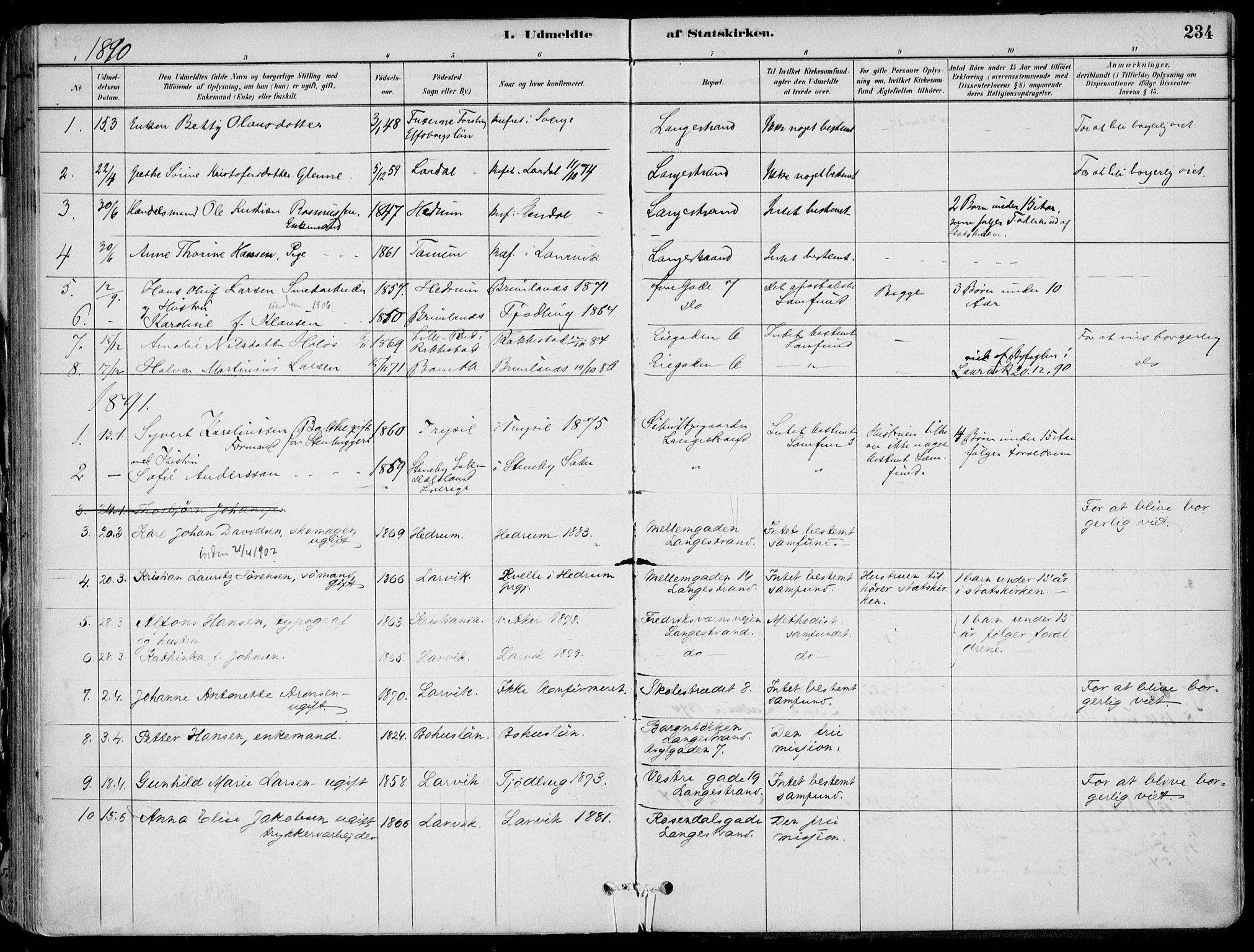 Larvik kirkebøker, AV/SAKO-A-352/F/Fb/L0004: Parish register (official) no. II 4, 1884-1902, p. 234