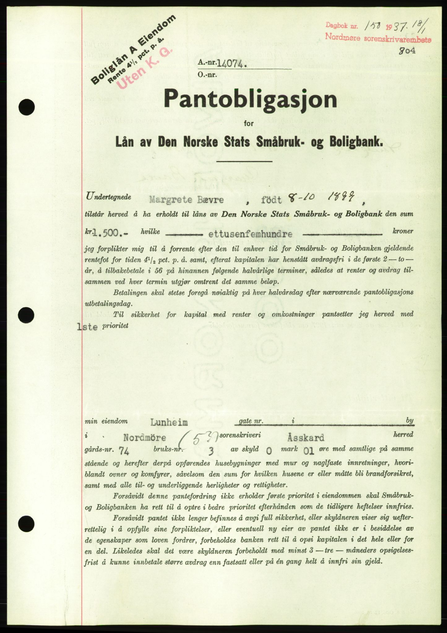 Nordmøre sorenskriveri, AV/SAT-A-4132/1/2/2Ca/L0090: Mortgage book no. B80, 1936-1937, Diary no: : 150/1937