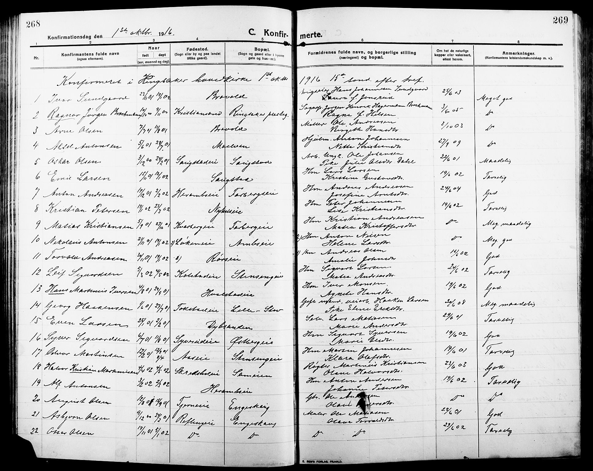 Ringsaker prestekontor, SAH/PREST-014/L/La/L0018: Parish register (copy) no. 18, 1913-1922, p. 268-269