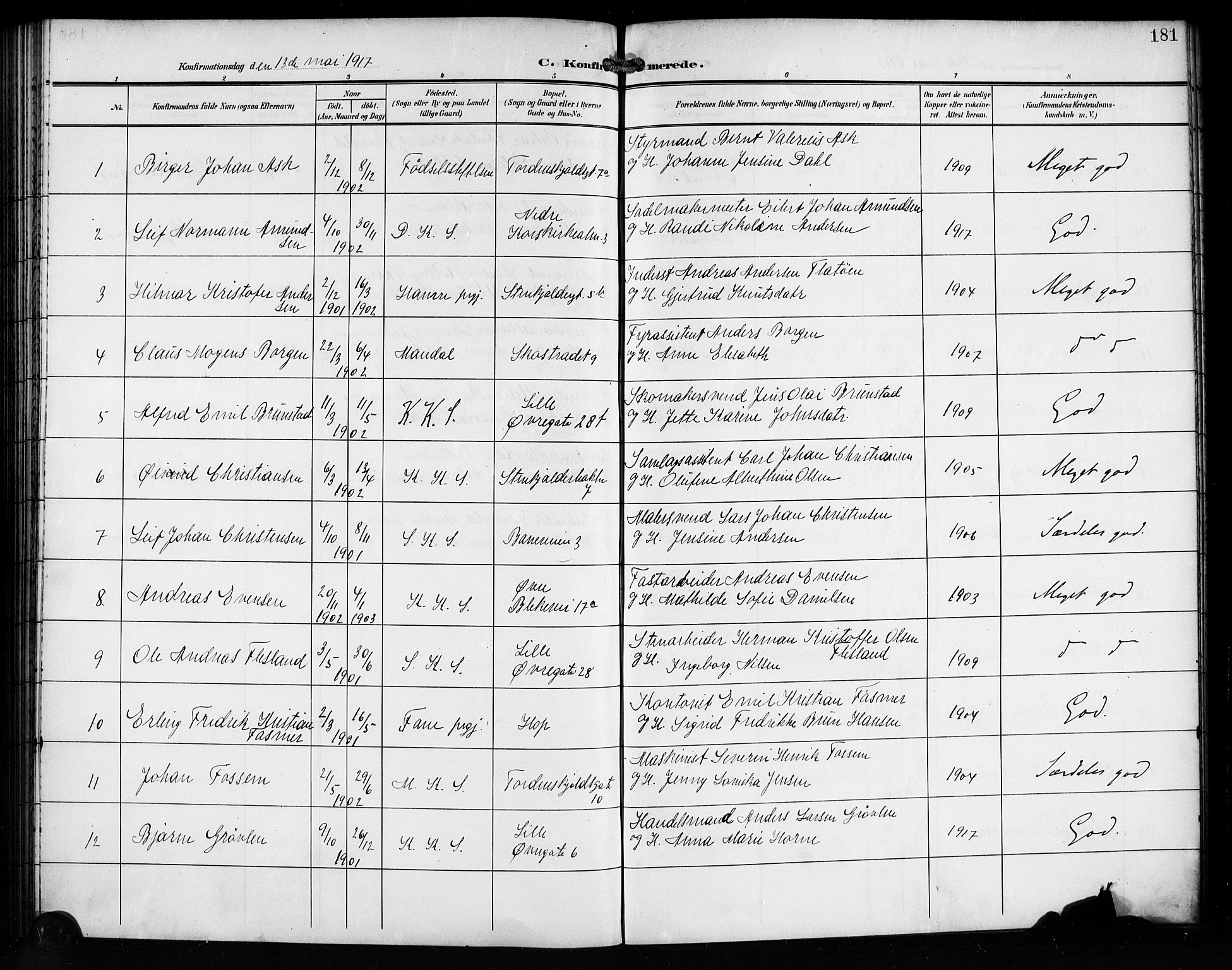 Korskirken sokneprestembete, AV/SAB-A-76101/H/Hab: Parish register (copy) no. C 5, 1906-1918, p. 181