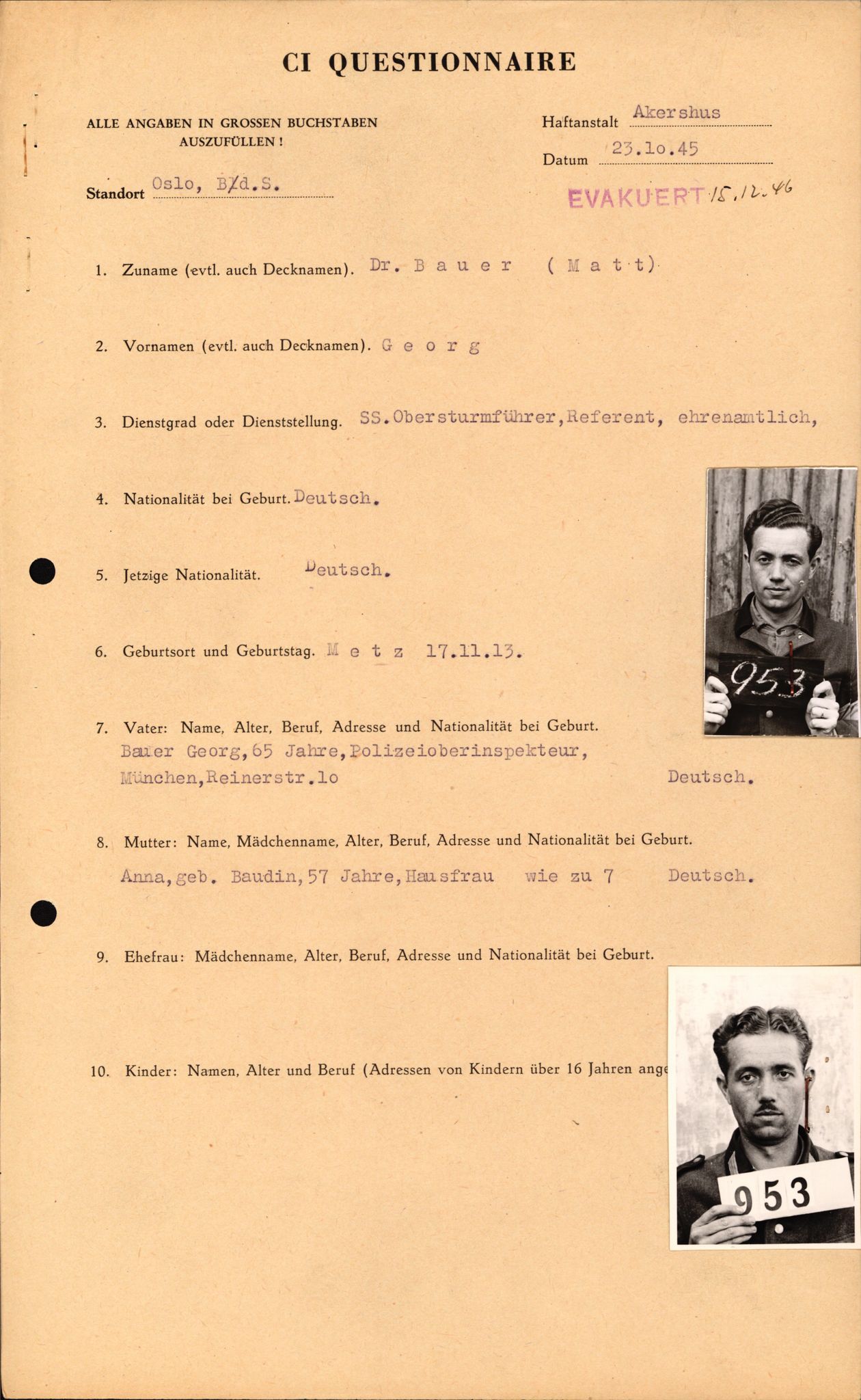 Forsvaret, Forsvarets overkommando II, RA/RAFA-3915/D/Db/L0002: CI Questionaires. Tyske okkupasjonsstyrker i Norge. Tyskere., 1945-1946, p. 226