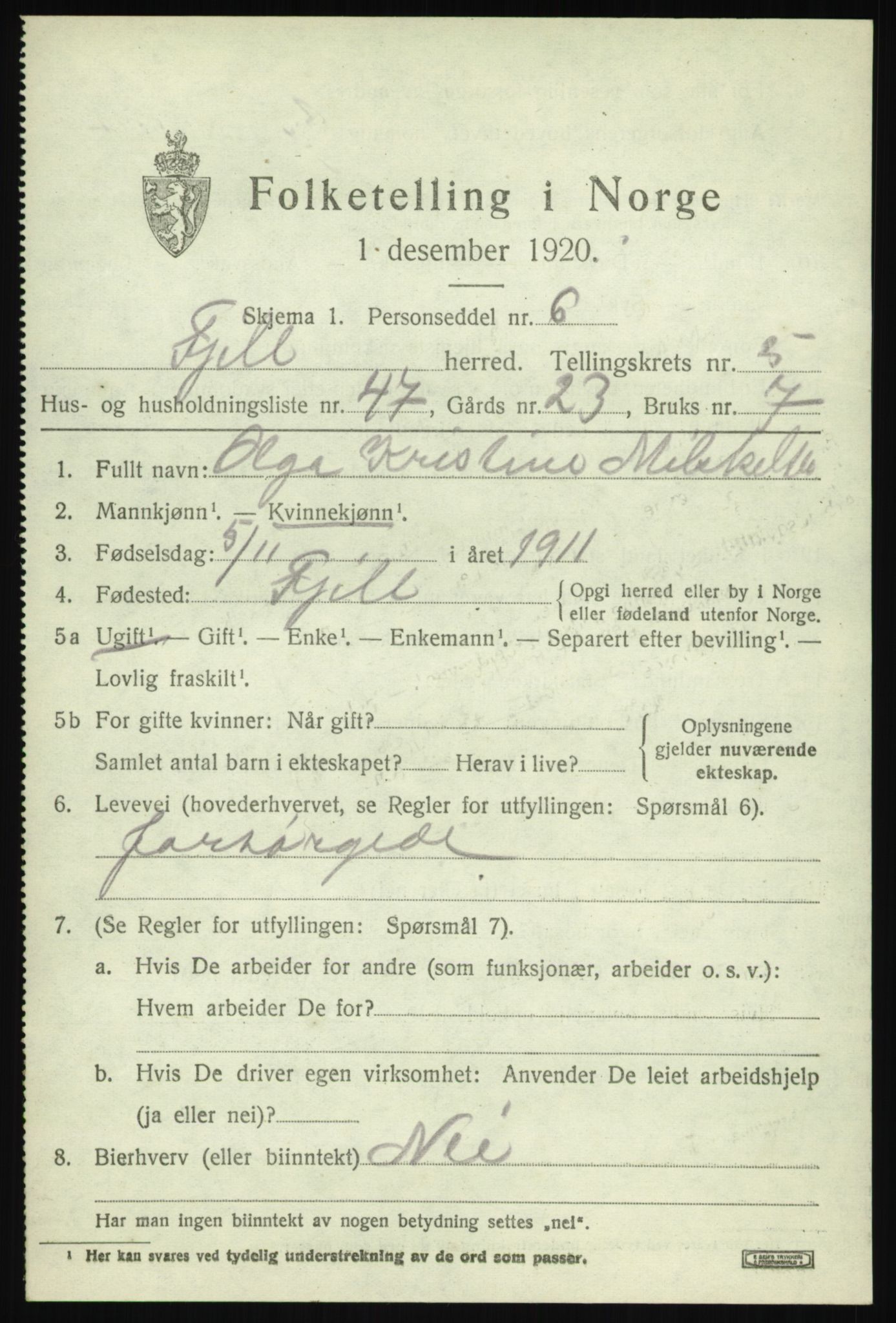 SAB, 1920 census for Fjell, 1920, p. 5082