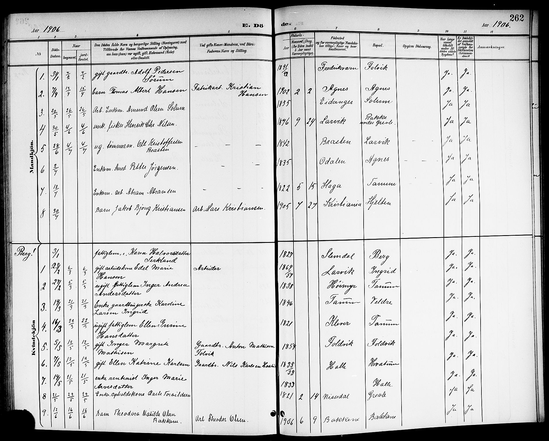 Brunlanes kirkebøker, SAKO/A-342/G/Ga/L0004: Parish register (copy) no. I 4, 1898-1921, p. 262