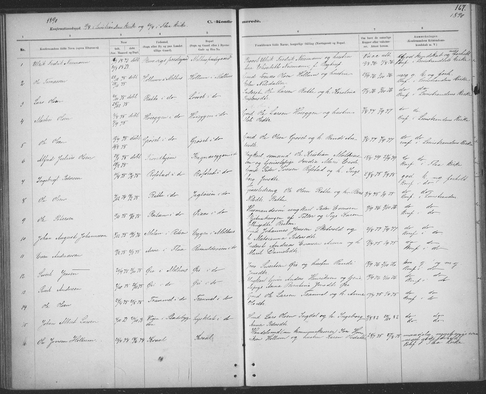 Ministerialprotokoller, klokkerbøker og fødselsregistre - Sør-Trøndelag, SAT/A-1456/691/L1085: Parish register (official) no. 691A17, 1887-1908, p. 167