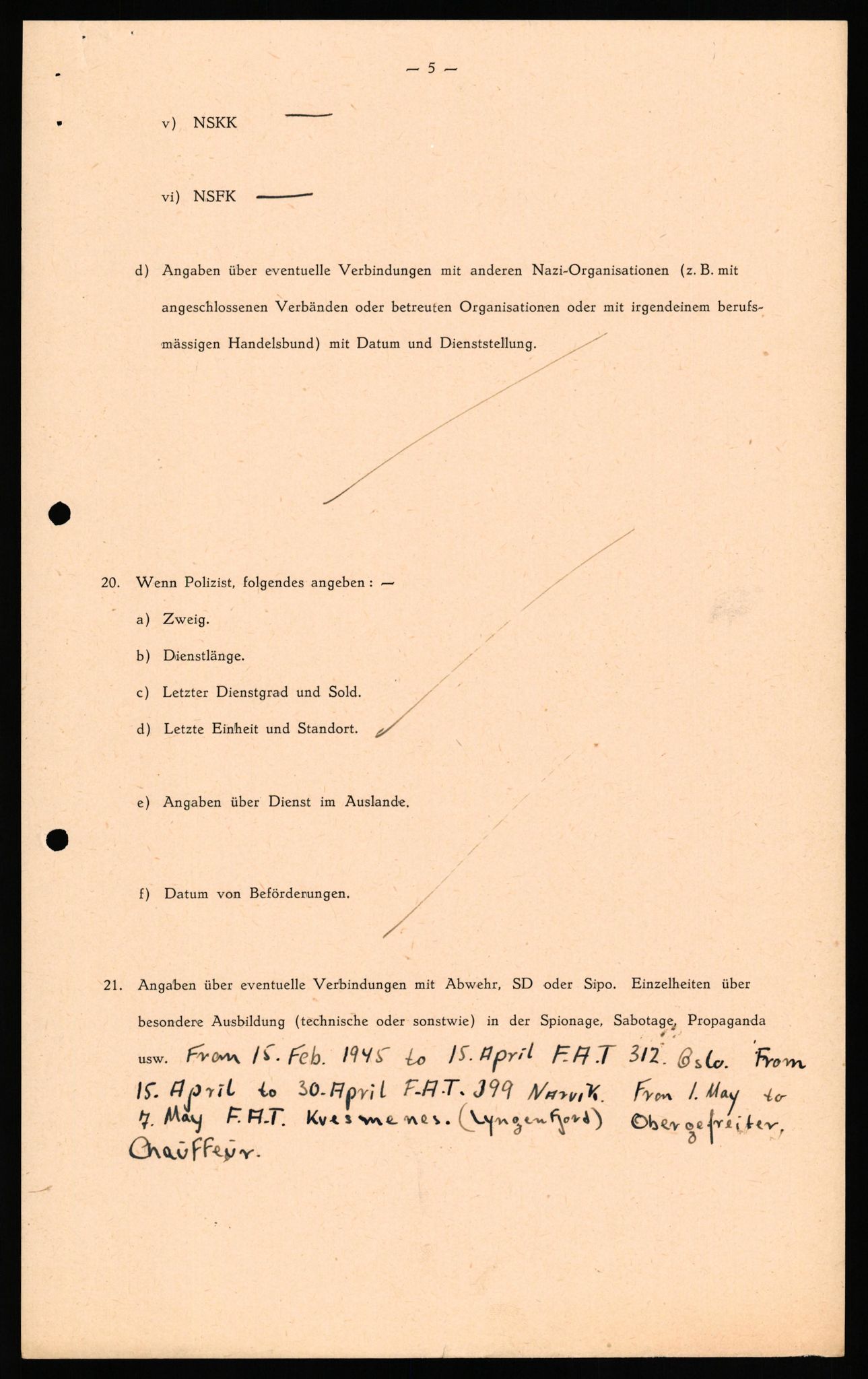 Forsvaret, Forsvarets overkommando II, AV/RA-RAFA-3915/D/Db/L0034: CI Questionaires. Tyske okkupasjonsstyrker i Norge. Tyskere., 1945-1946, p. 266