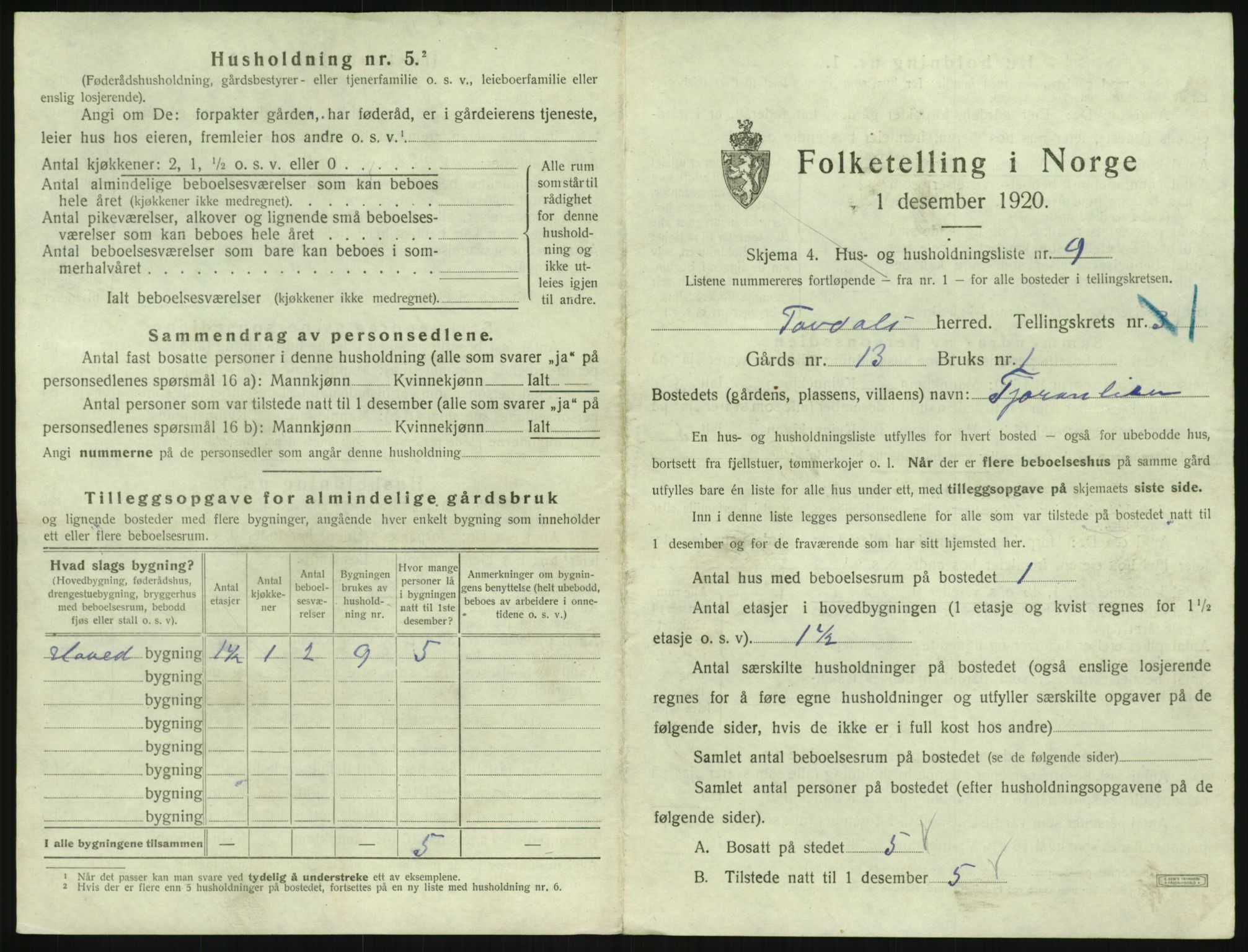 SAK, 1920 census for Tovdal, 1920, p. 35