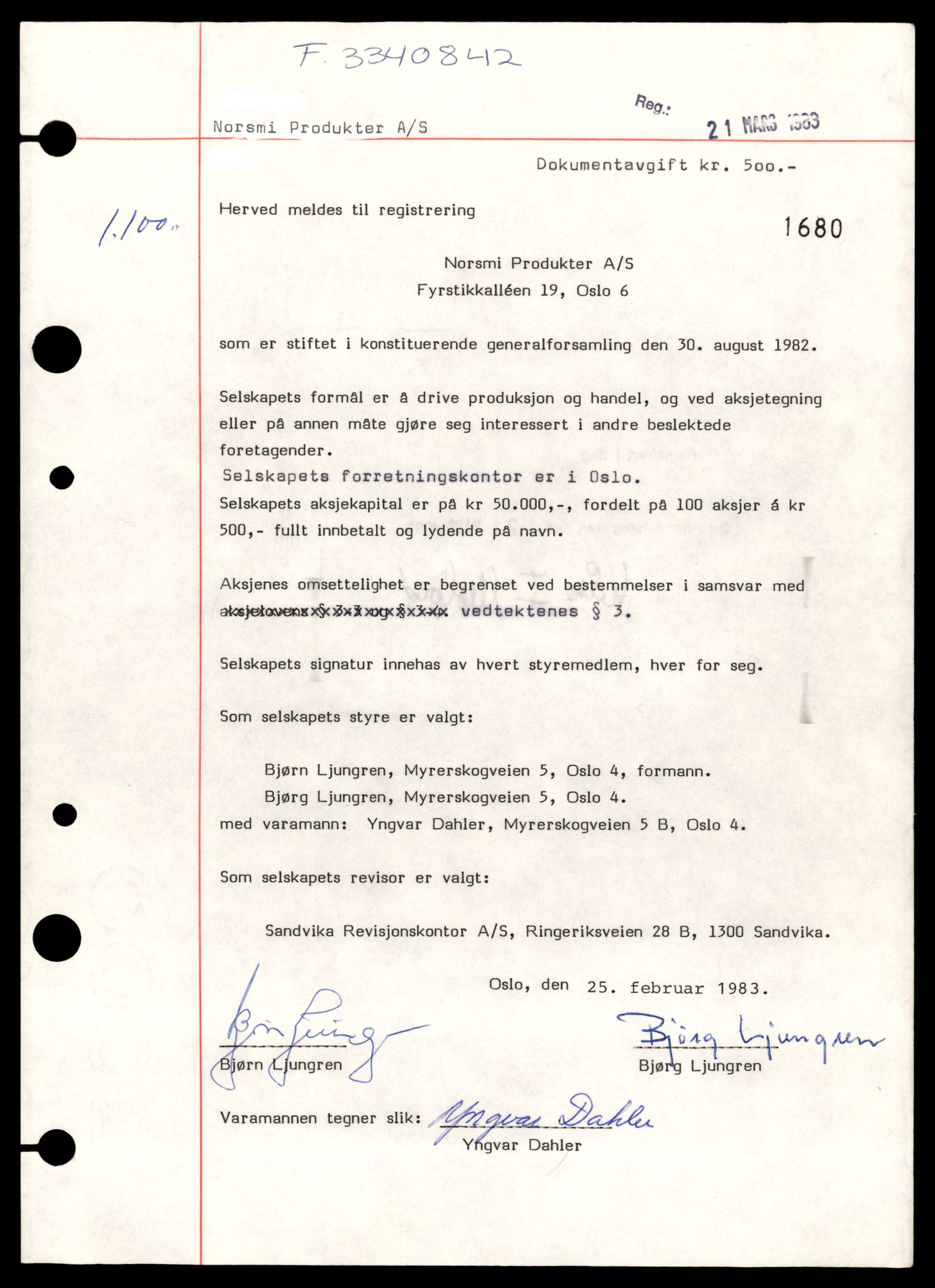 Oslo byfogd, Handelsregisteret, AV/SAT-A-10867/G/Gb/Gbb/L0078: Registreringsmeldinger, Norsm-P, 1985, p. 1