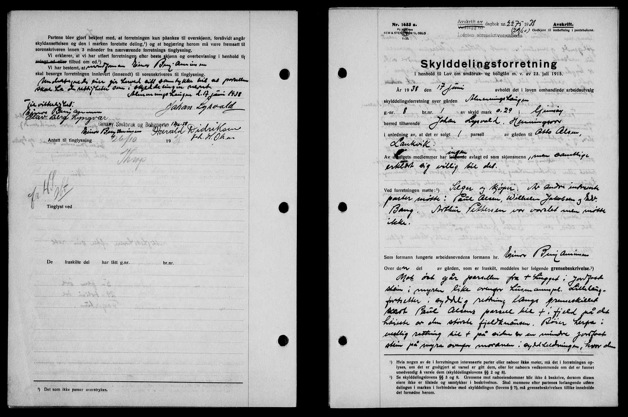 Lofoten sorenskriveri, SAT/A-0017/1/2/2C/L0004a: Mortgage book no. 4a, 1938-1938, Diary no: : 2275/1938
