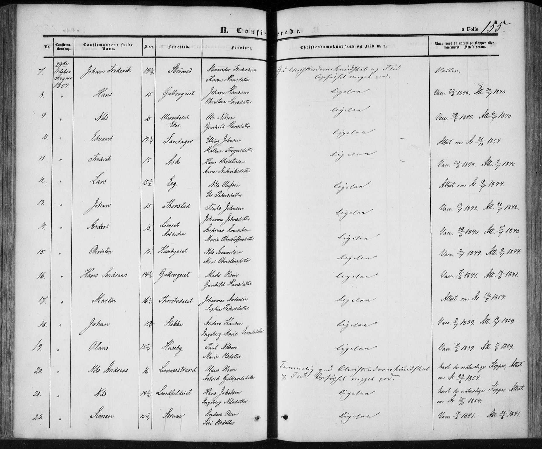 Lier kirkebøker, AV/SAKO-A-230/F/Fa/L0012: Parish register (official) no. I 12, 1854-1864, p. 155