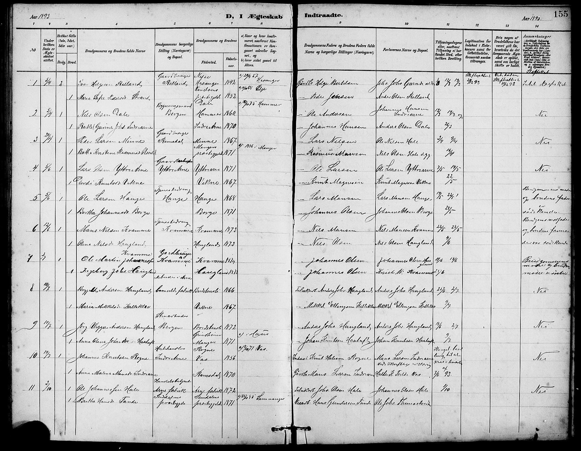 Arna Sokneprestembete, SAB/A-74001/H/Ha/Hab: Parish register (copy) no. A 3, 1887-1897, p. 155