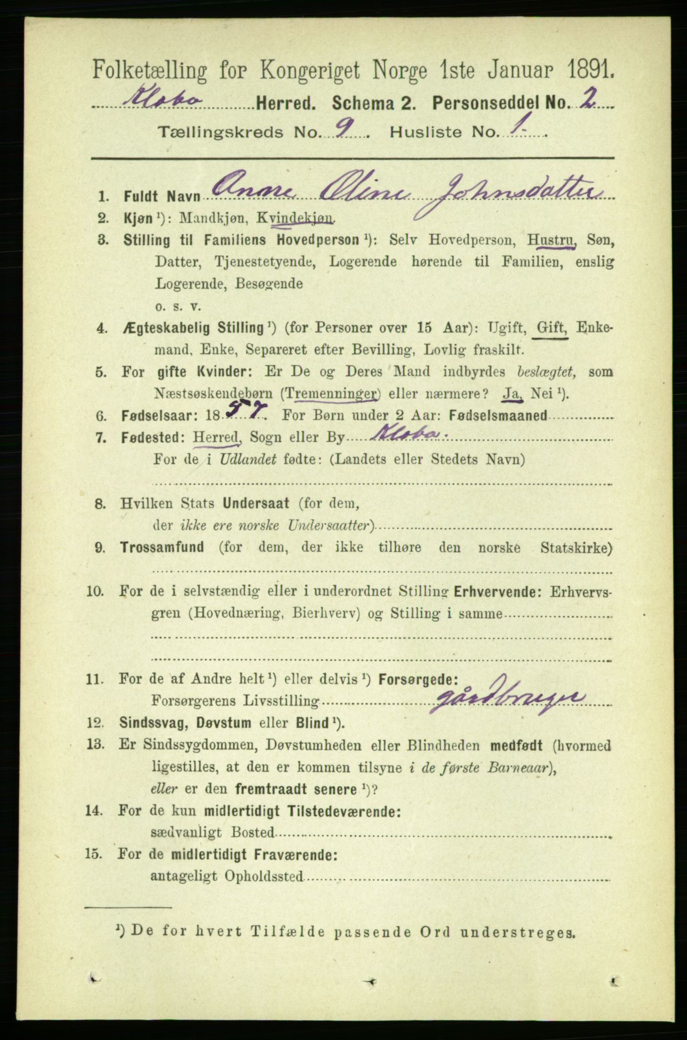 RA, 1891 census for 1662 Klæbu, 1891, p. 1742